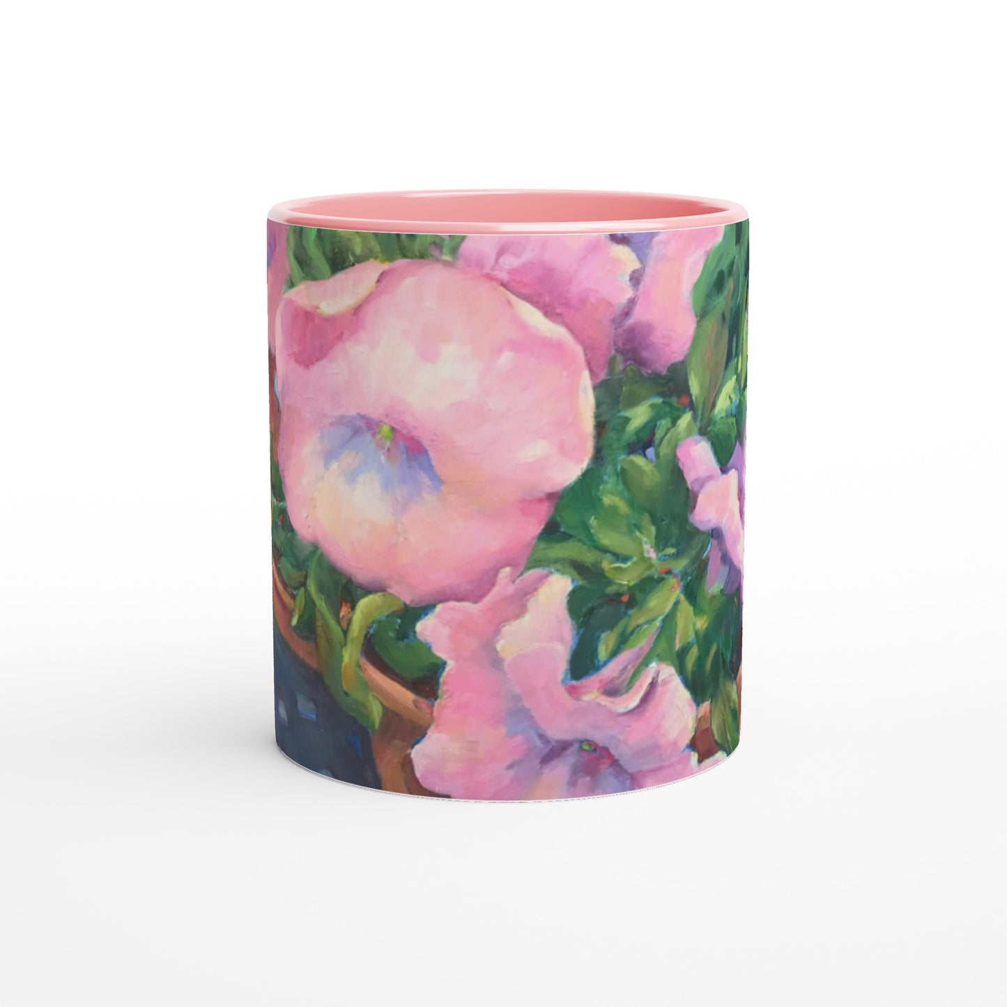 'Pink Petals in Bloom' 11oz White Ceramic Mug with Color Inside | Coffee Cup with 'May's First Born' Floral Artwork by American Artist Barbara Cleary