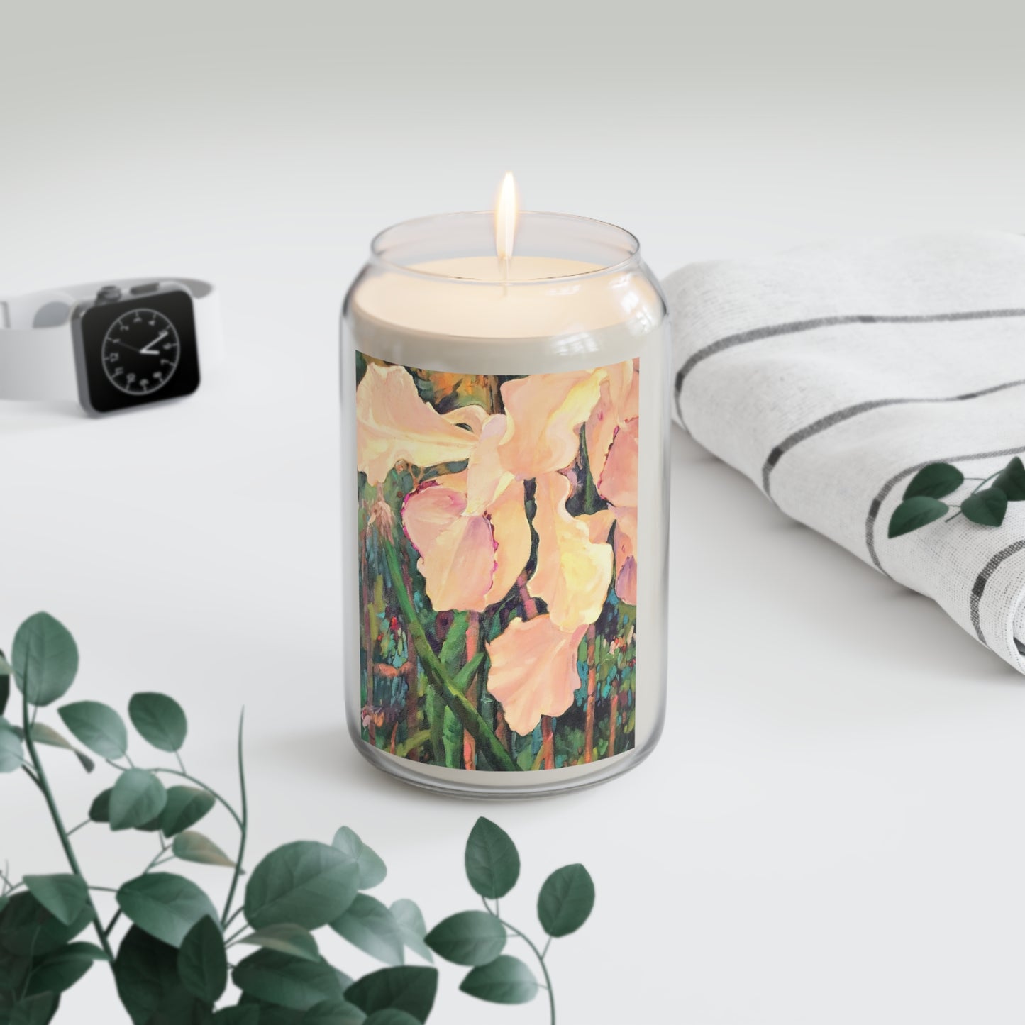 13.75oz Eco-Friendly Scented or Unscented Soy Wax Candle Jar with 'Pink Orchid' Floral Artwork by American Artist Barbara Cleary