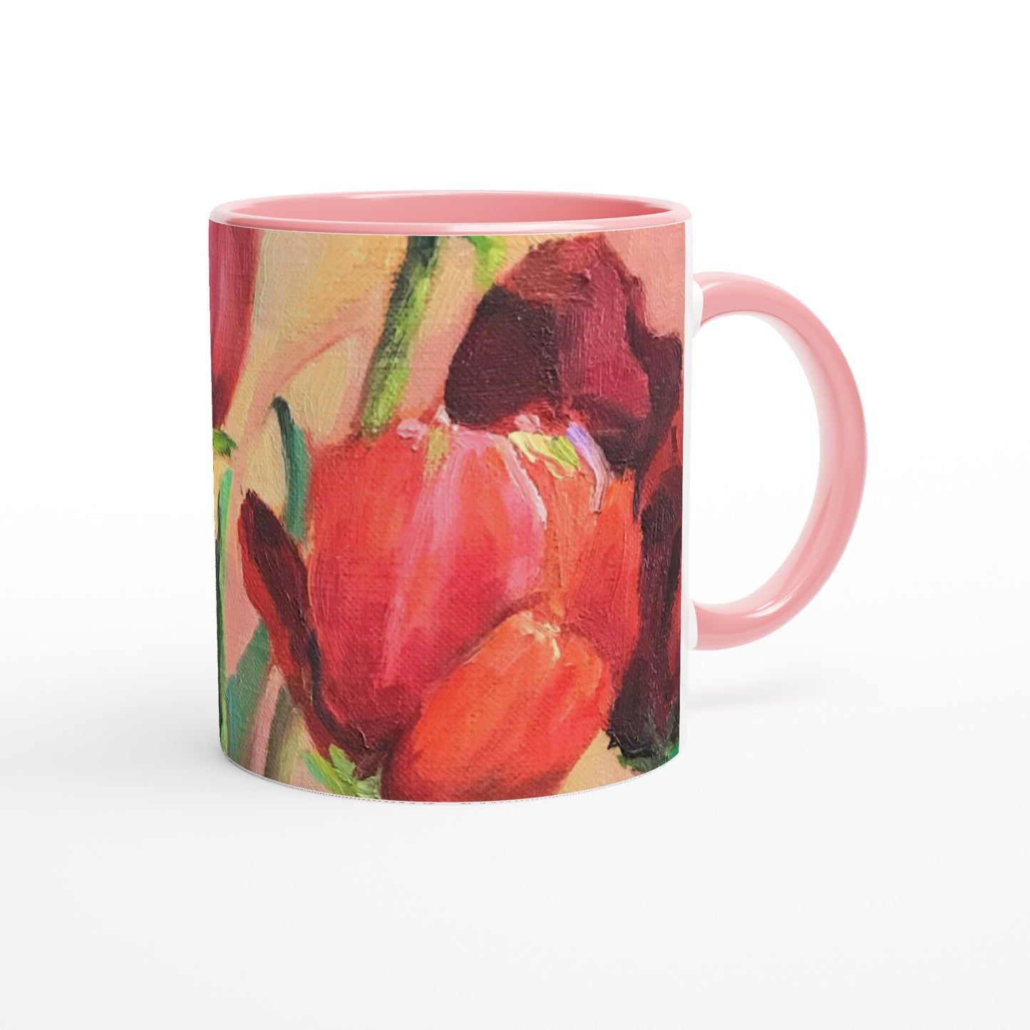 11oz White Ceramic Mug with Color Inside | Coffee Cup with 'Tulips' Floral Artwork by American Artist Barbara Cleary