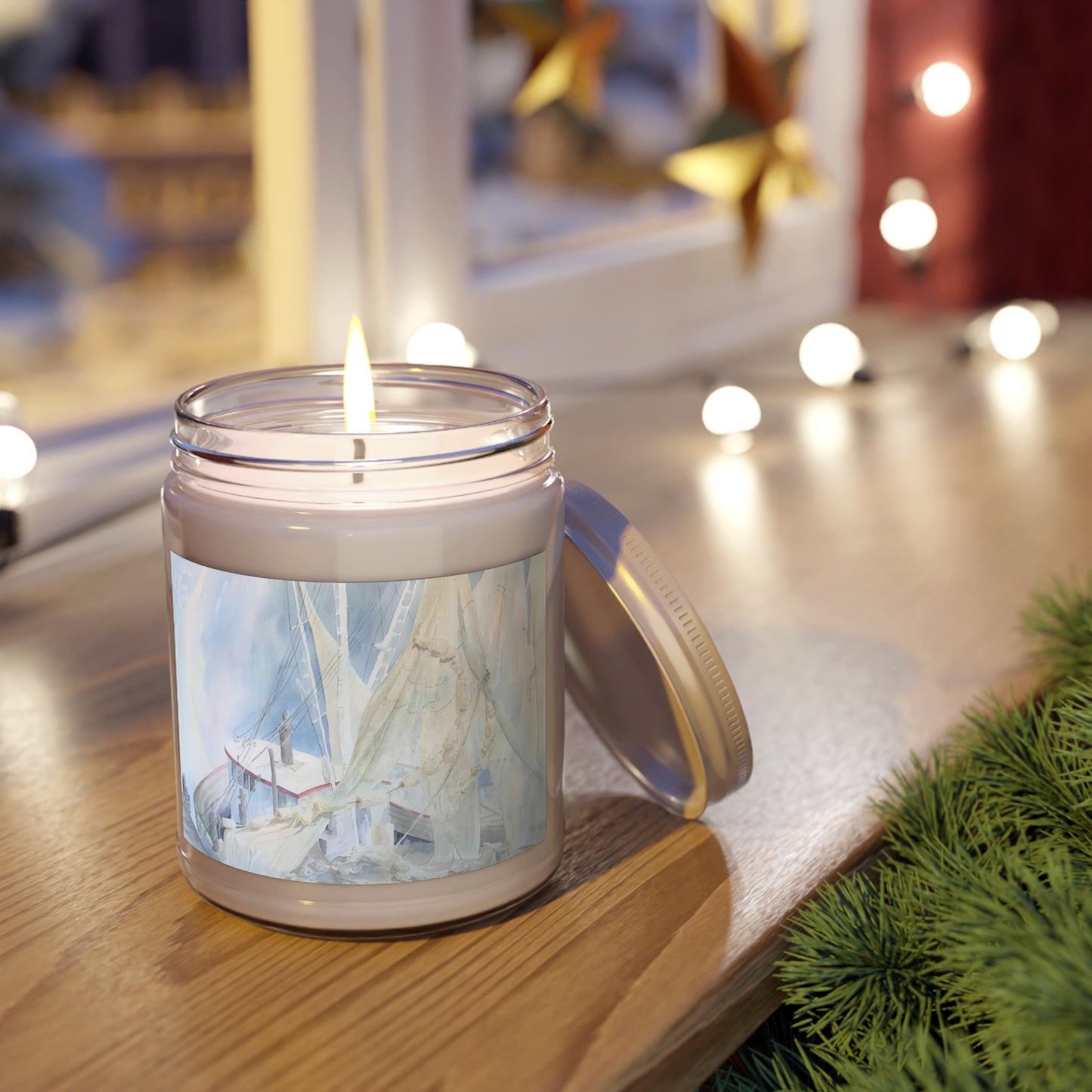 9oz Eco-Friendly Scented or Unscented Soy Wax Candle Jar with 'Sailboat' Coastal Artwork by American Artist Barbara Cleary