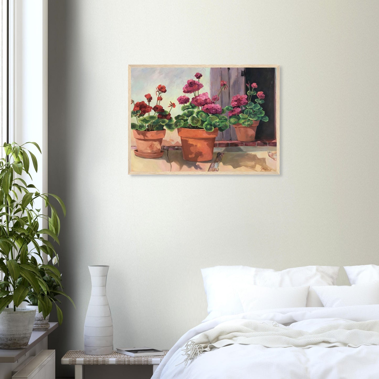 'Potted Red Geraniums Series 2'Red and Pink Floral | 20x28 inch Wooden Framed Art Print | Original Artwork by American Artist Barbara Cleary
