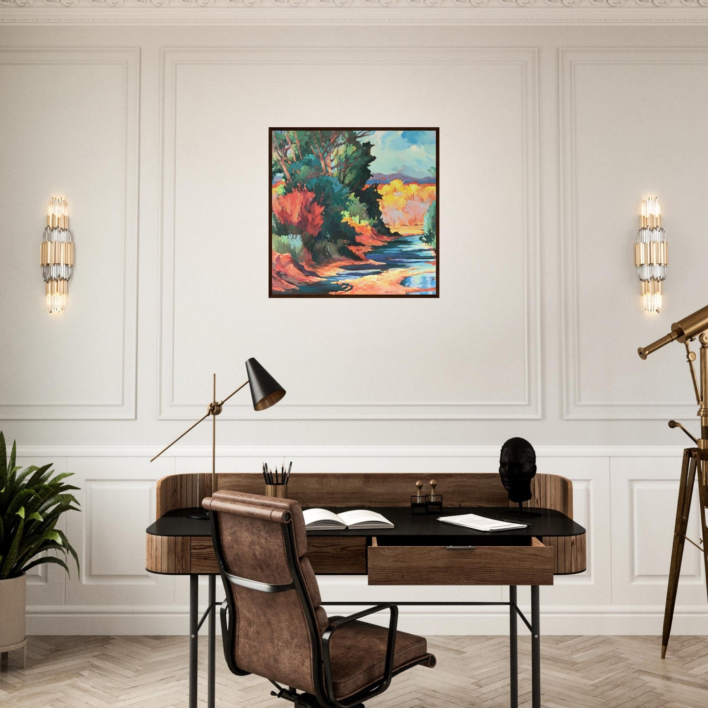 ‘Rio Pueblo’ Landscape | 28x28 Wooden Framed Art Print | Original Artwork by American Artist Barbara Cleary