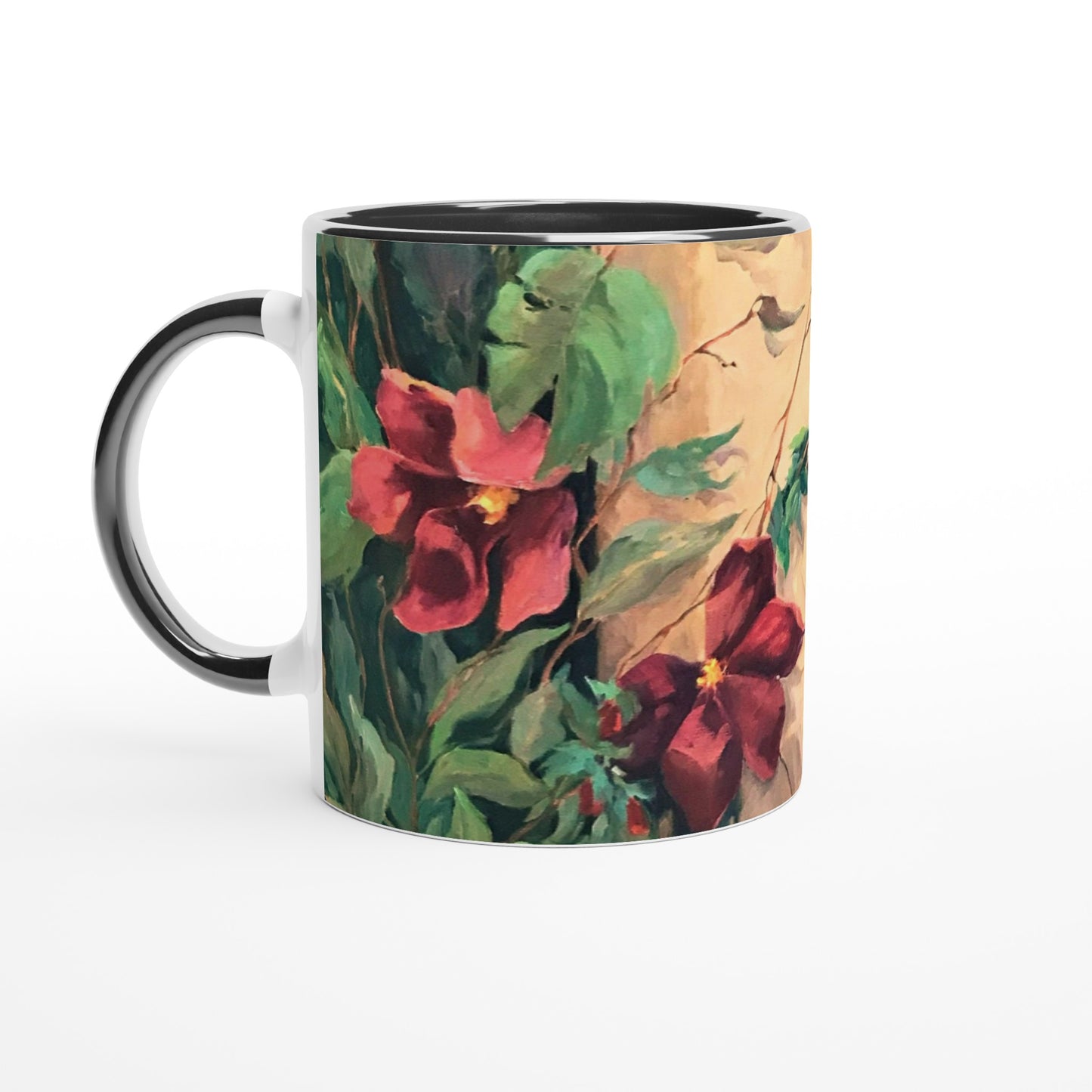 "Climatis" White 11oz Ceramic Mug with Black Inside by Barbara Cleary Designs