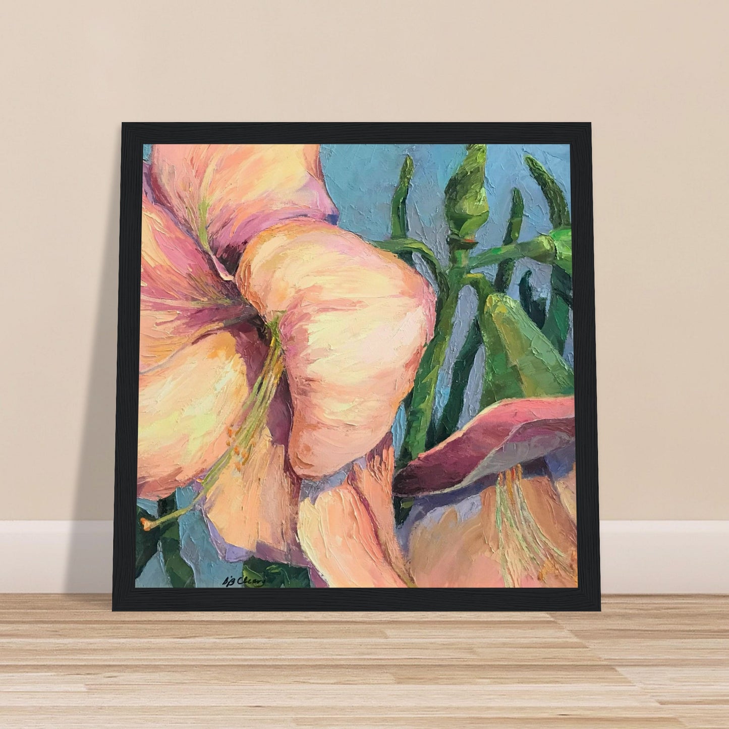 'Pink Amaryllis 2' Floral | 12x12 inch Wooden Framed Art Print | Original Artwork by American Artist Barbara Cleary