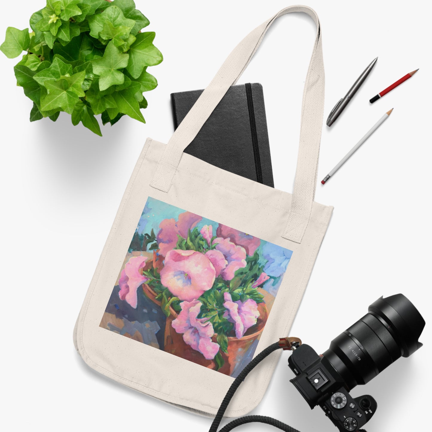 Organic Canvas Tote Bag with Pink Floral 'Pink Petals in Bloom' I Original Artwork by American Artist Barbara Cleary