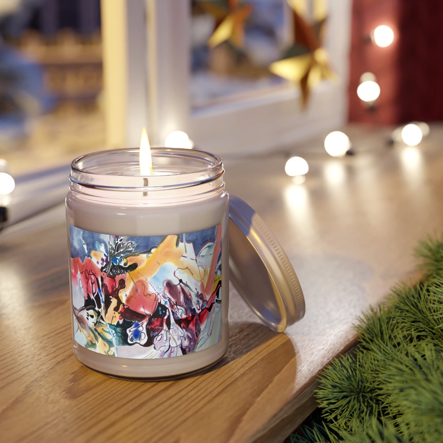 9oz Eco-Friendly Scented or Unscented Soy Wax Candle Jar with 'Floral Fantasy' Abstract Artwork by American Artist Barbara Cleary