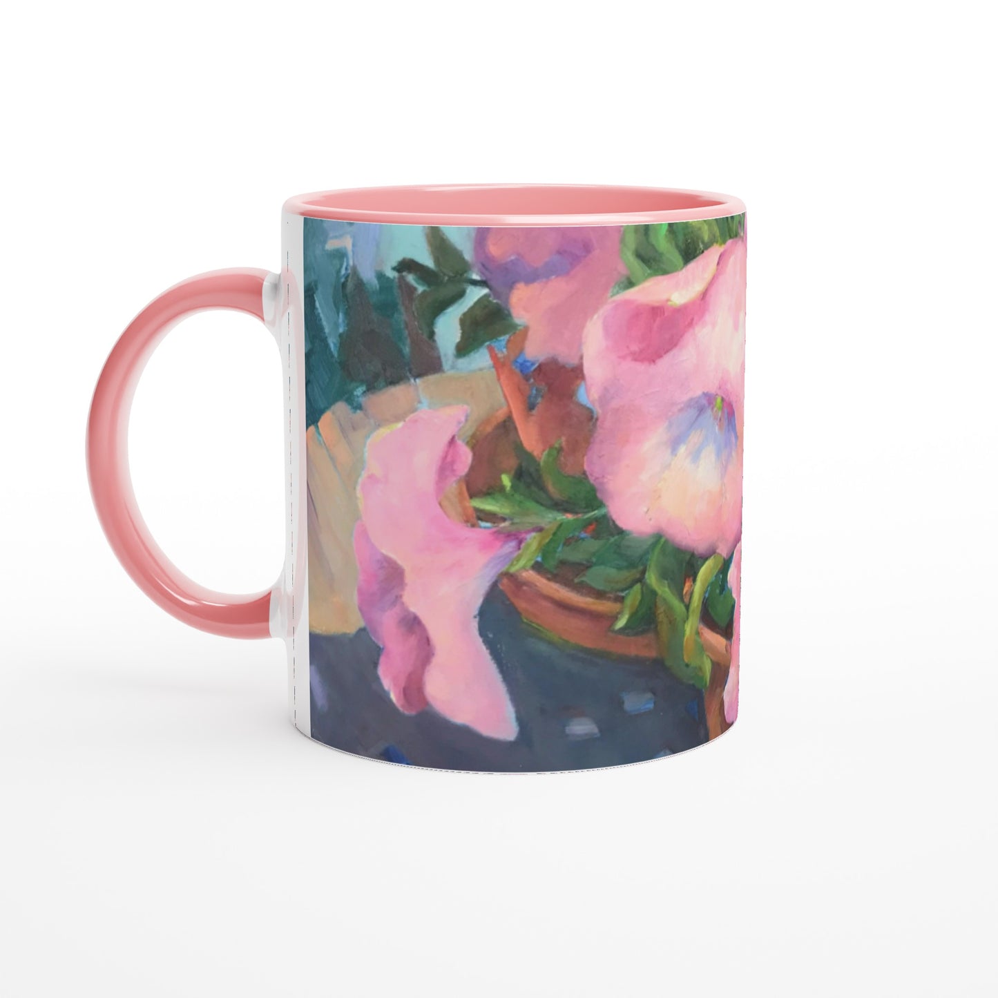'Pink Petals in Bloom' 11oz White Ceramic Mug with Color Inside | Coffee Cup with 'May's First Born' Floral Artwork by American Artist Barbara Cleary