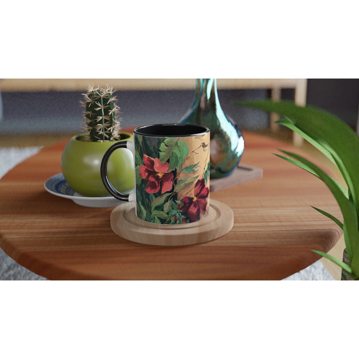 "Climatis" White 11oz Ceramic Mug with Black Inside by Barbara Cleary Designs