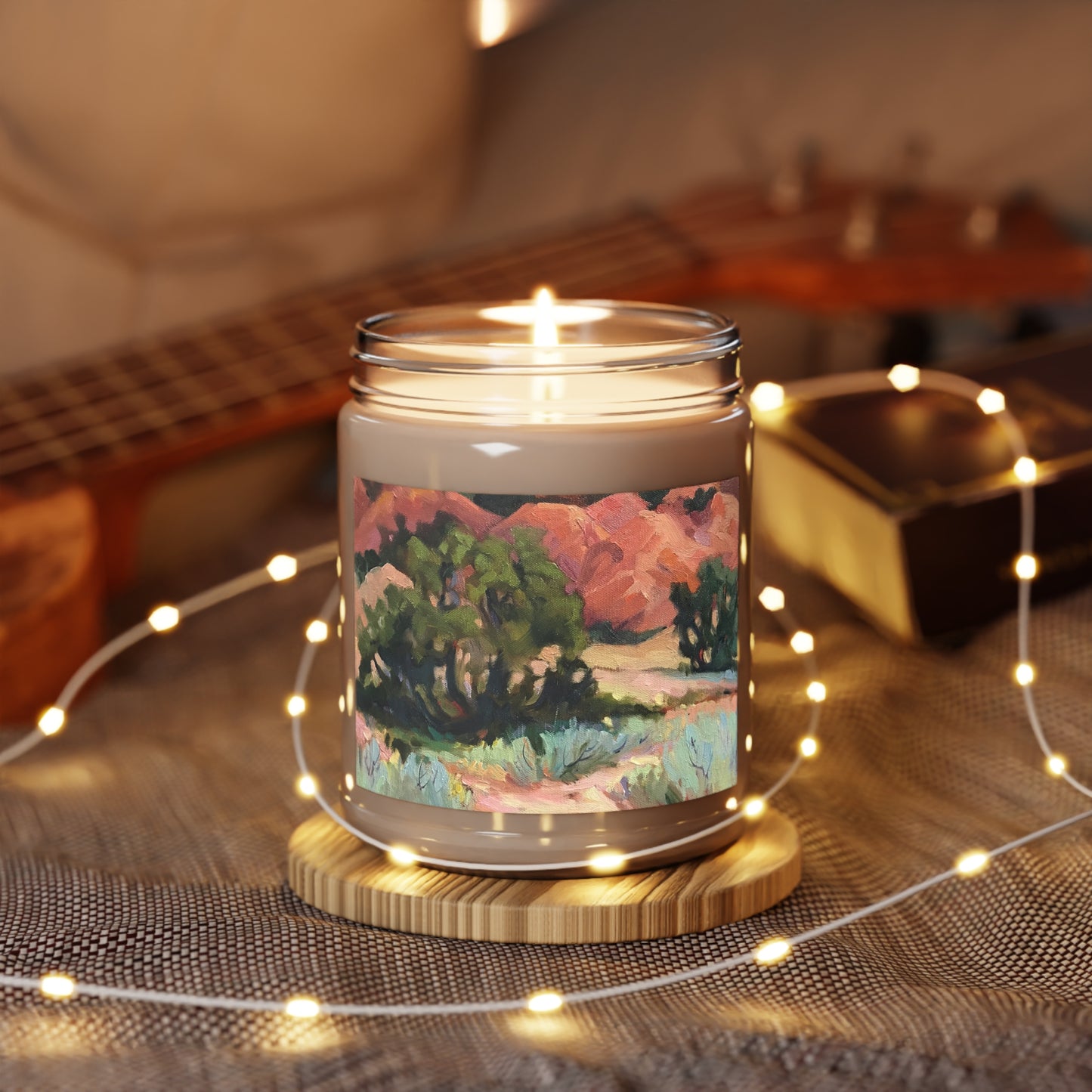 9oz Eco-Friendly Scented or Unscented Soy Wax Candle Jar with 'Mesa at Ghost Ranch' Southwestern Artwork by American Artist Barbara Cleary