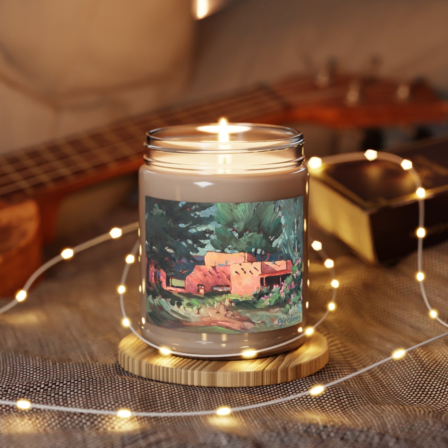 9oz Eco-Friendly Scented or Unscented Soy Wax Candle Jar with 'Spring in Taos' Southwestern Artwork by American Artist Barbara Cleary
