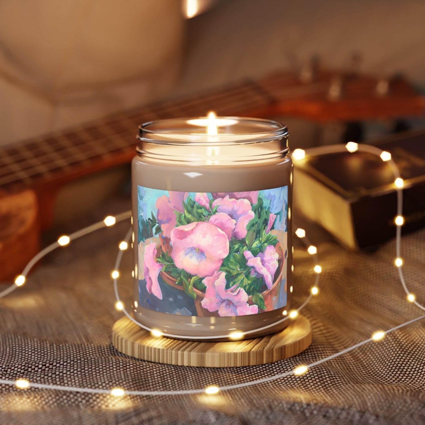 9oz Eco-Friendly Scented or Unscented Soy Wax Candle Jar with 'Pink Petals in Bloom' Artwork by American Artist Barbara Cleary