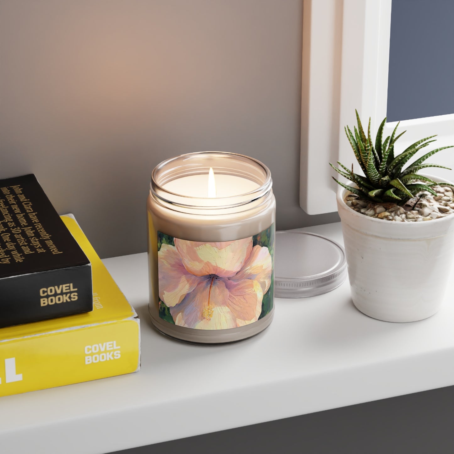 9oz Eco-Friendly Scented or Unscented Soy Wax Candle Jar with 'Hibiscus' Floral Artwork by American Artist Barbara Cleary