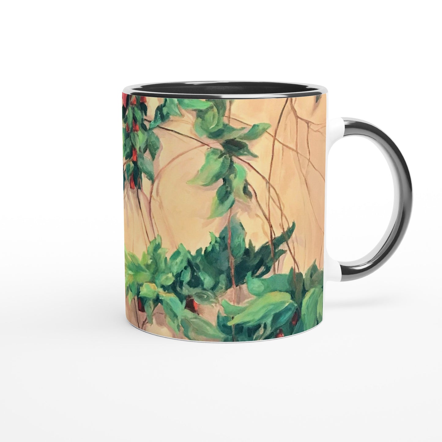 "Climatis" White 11oz Ceramic Mug with Black Inside by Barbara Cleary Designs