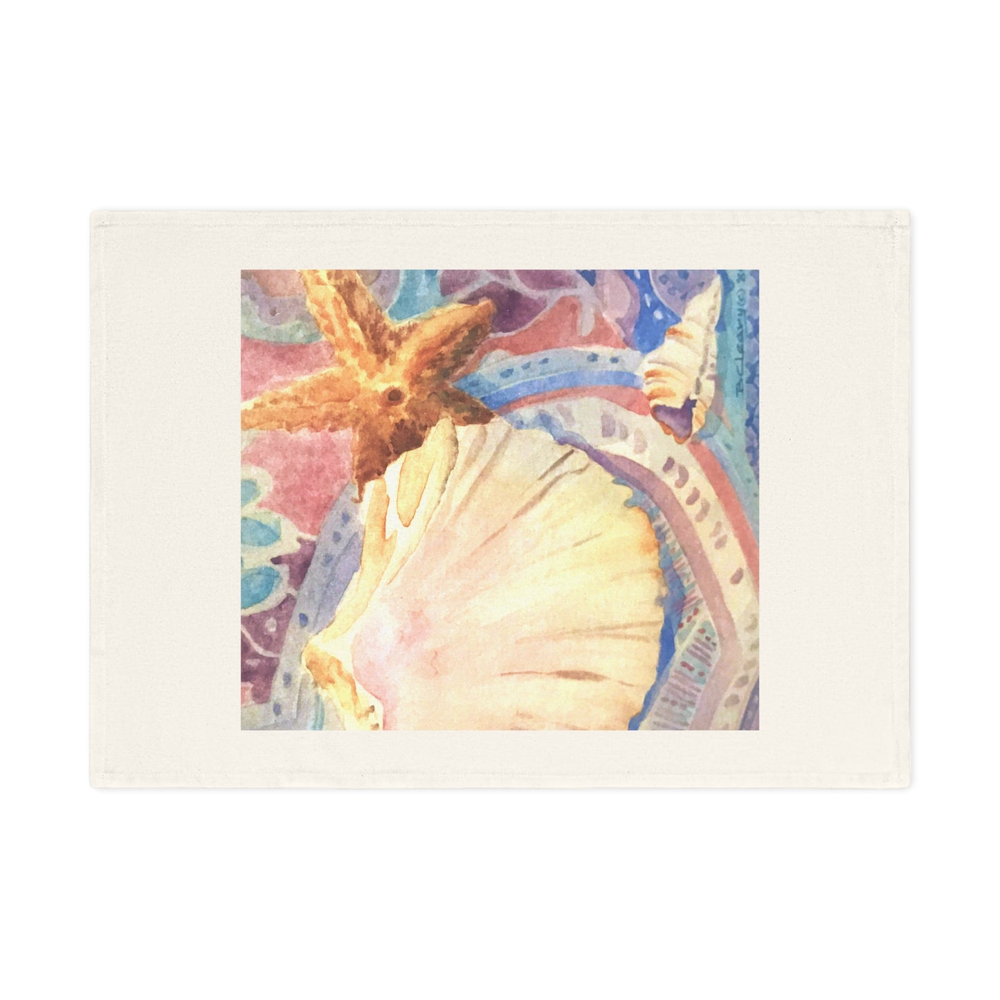 Organic Cotton Tea Towel Featuring 'Treasures of the Tide' Coastal Watercolor Painting by Barbara Cleary