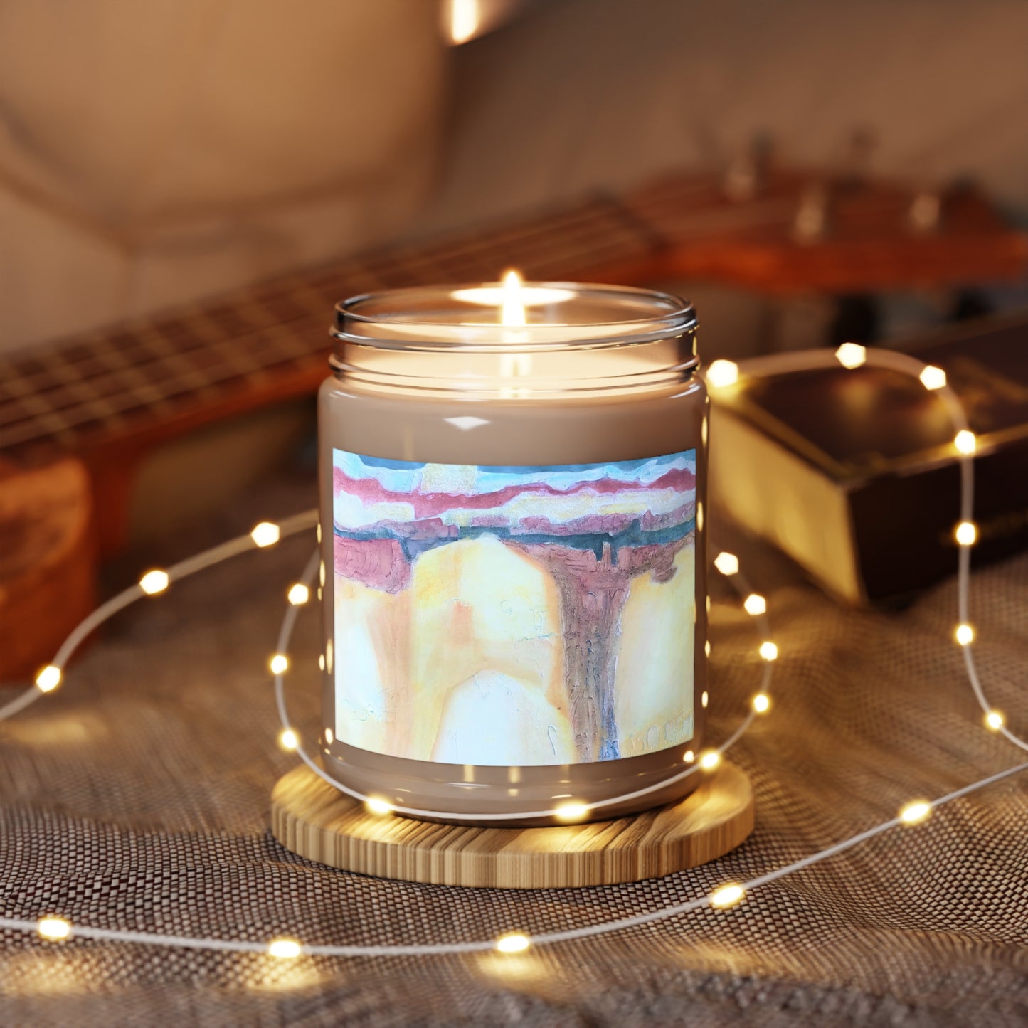 9oz Eco-Friendly Scented or Unscented Soy Wax Candle Jar with 'Southwest Mixed Media' Abstract Artwork by American Artist Barbara Cleary