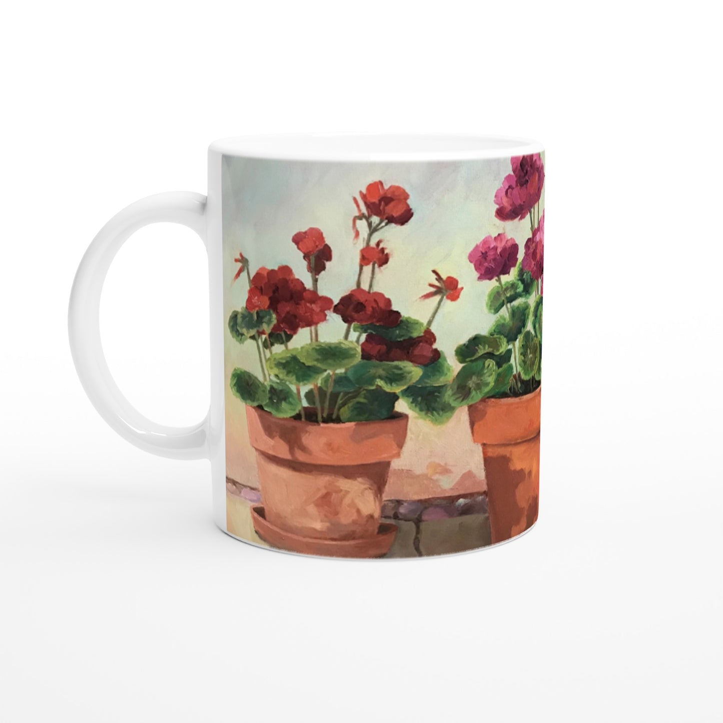 11oz White Ceramic Mug | Coffee Cup with 'Potted Red Geraniums Series 1' Floral Artwork by American Artist Barbara Cleary