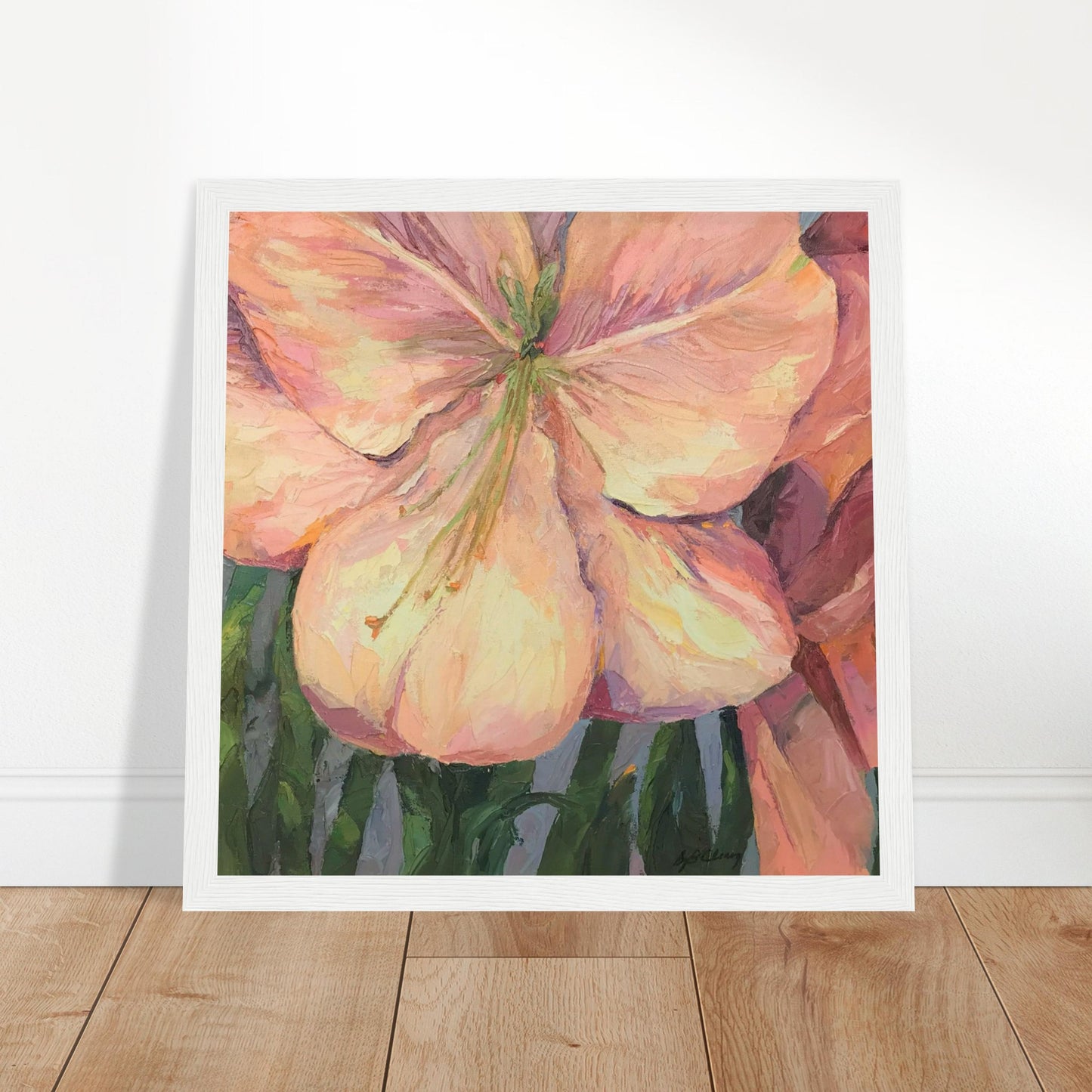 'Pink Amaryllis' Floral | 12x12 inch Wooden Framed Art Print | Original Artwork by American Artist Barbara Cleary