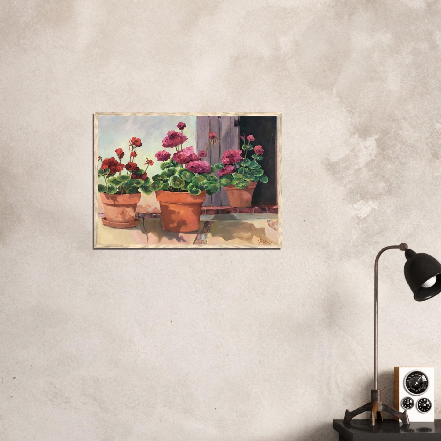 'Potted Red Geraniums Series 2'Red and Pink Floral | 20x28 inch Wooden Framed Art Print | Original Artwork by American Artist Barbara Cleary