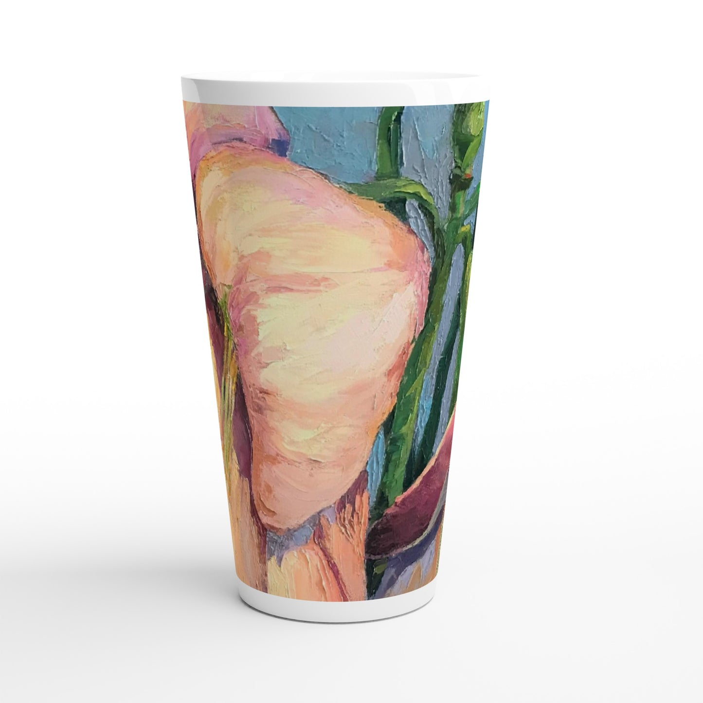 17oz White Ceramic Latte Mug | Coffee Cup with 'Amaryllis 2' Floral Artwork by American Artist Barbara Cleary