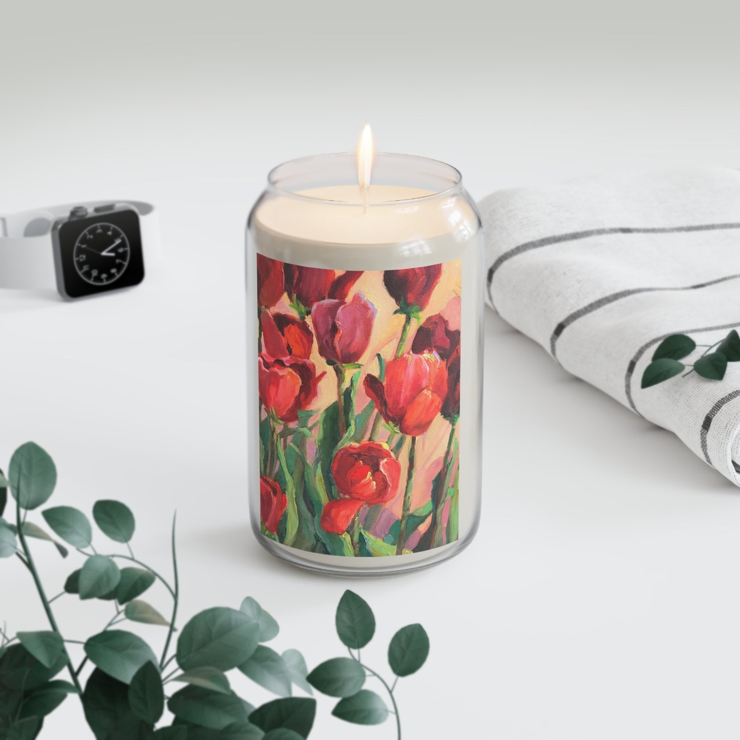 13.75oz Eco-Friendly Scented or Unscented Soy Wax Candle Jar with 'Tulips' Floral Artwork by American Artist Barbara Cleary