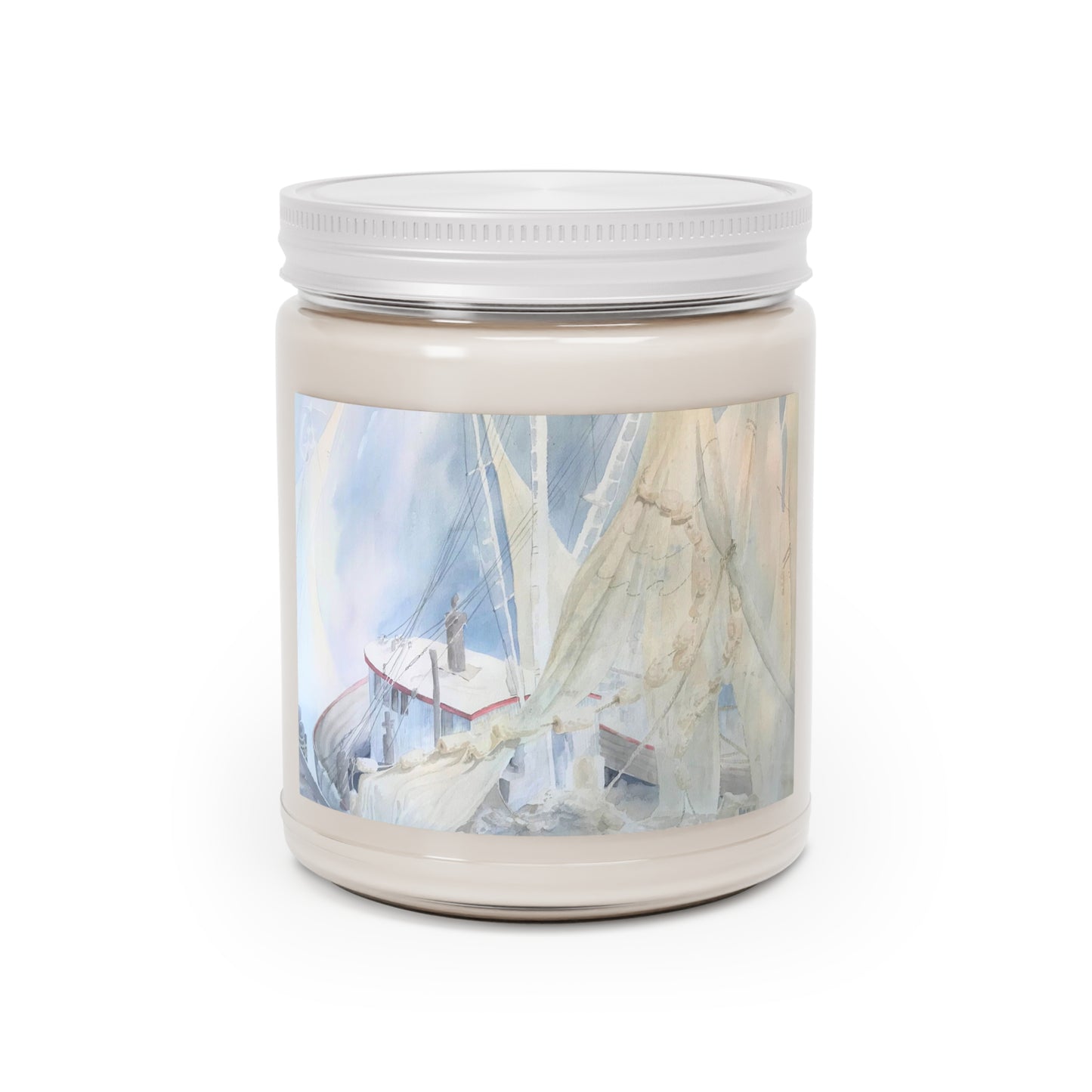 9oz Eco-Friendly Scented or Unscented Soy Wax Candle Jar with 'Sailboat' Coastal Artwork by American Artist Barbara Cleary