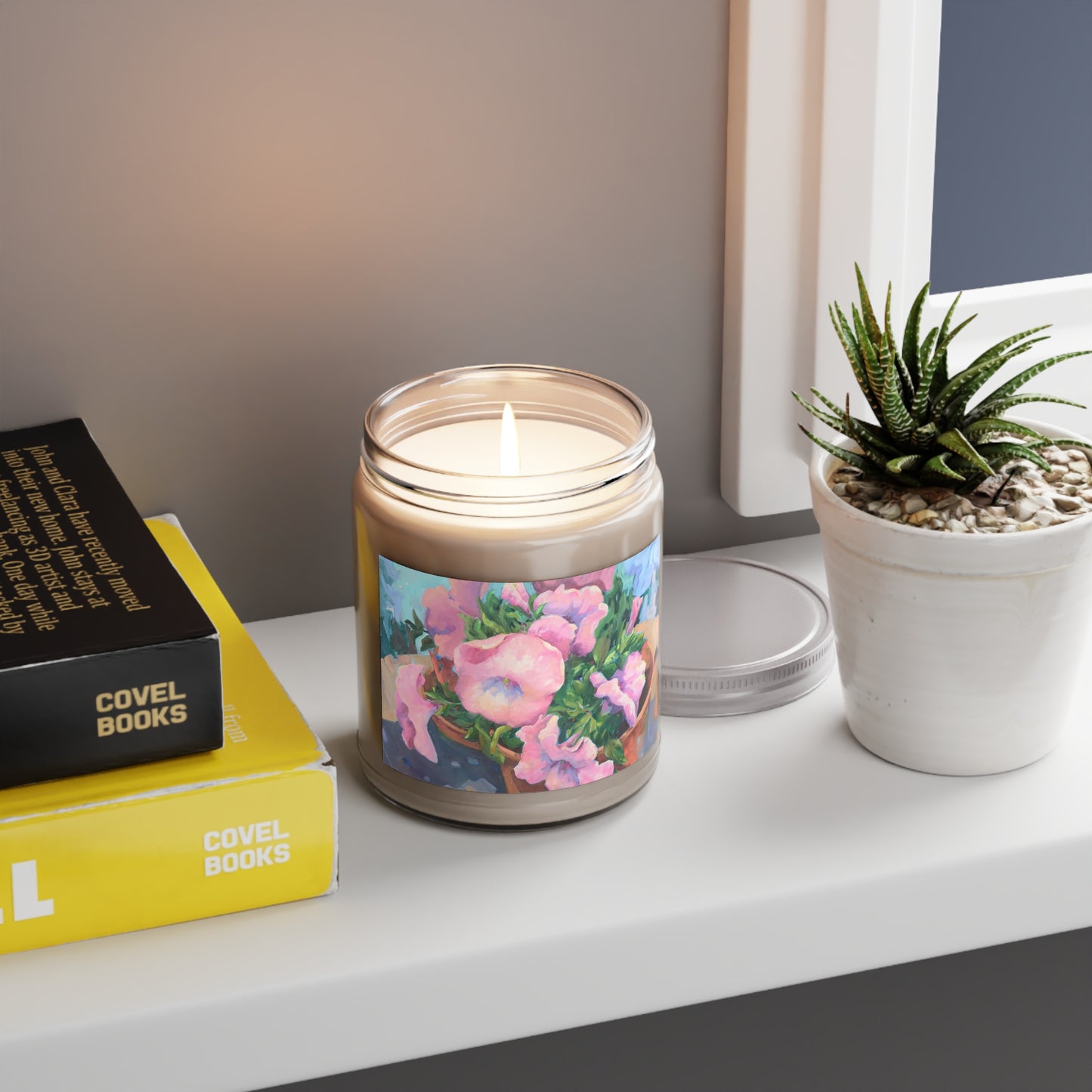 9oz Eco-Friendly Scented or Unscented Soy Wax Candle Jar with 'Pink Petals in Bloom' Artwork by American Artist Barbara Cleary