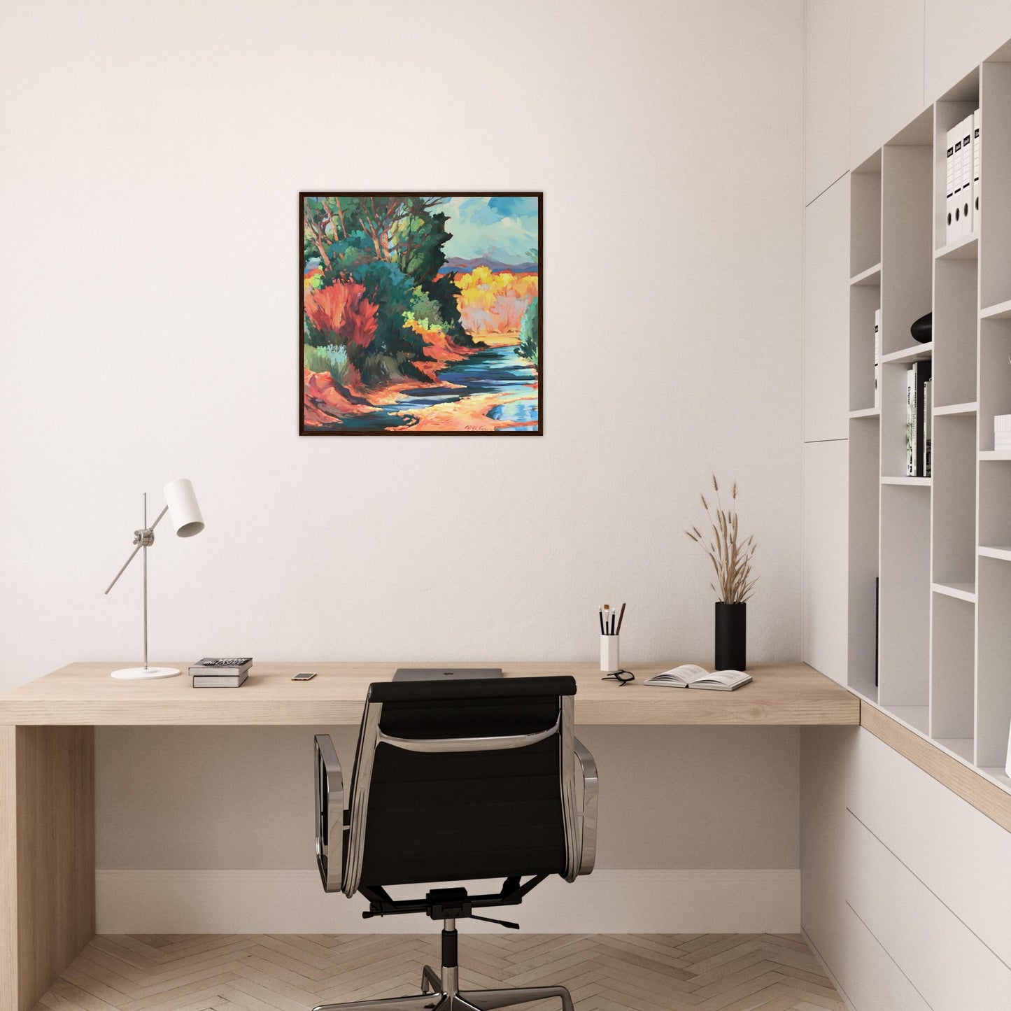 ‘Rio Pueblo’ Landscape | 28x28 Wooden Framed Art Print | Original Artwork by American Artist Barbara Cleary