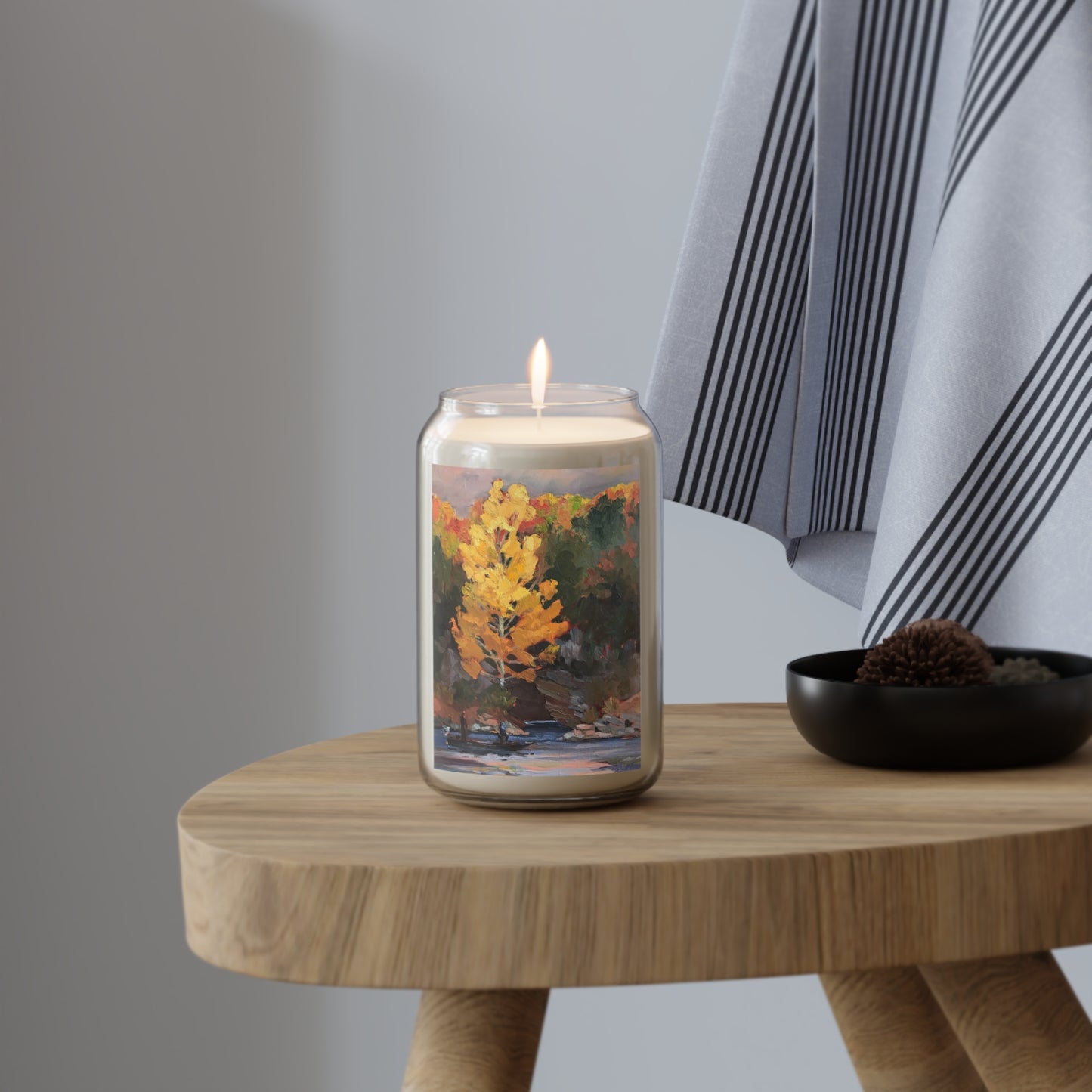 13.75oz Eco-Friendly Scented or Unscented Soy Wax Candle Jar with 'Pine Cove' Artwork by American Artist Barbara Cleary (Fall Collection)