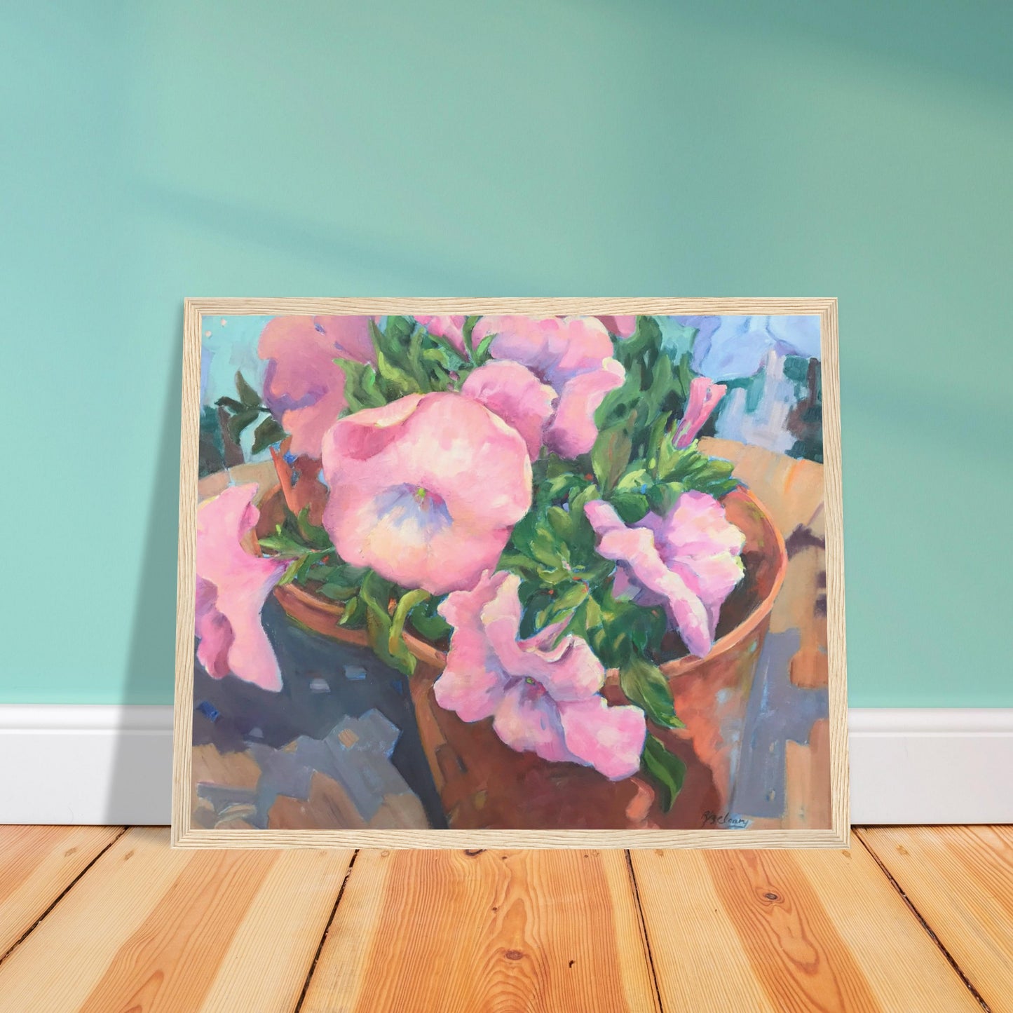 'Pink Petals in Bloom' Floral | 16x20 inch Wooden Framed Art Print | Original Artwork by American Artist Barbara Cleary