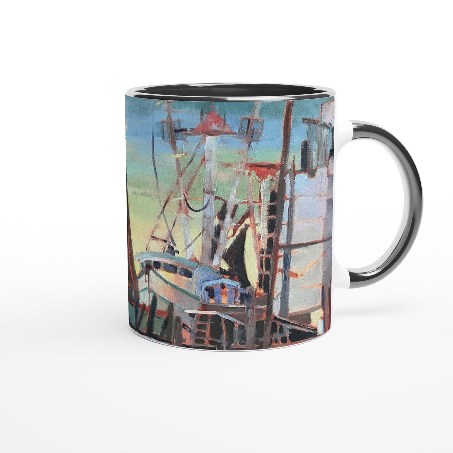 11oz White Ceramic Mug with Color Inside | Coffee Cup with 'Biloxi Fishing Fleet' Coastal Artwork by American Artist Barbara Cleary