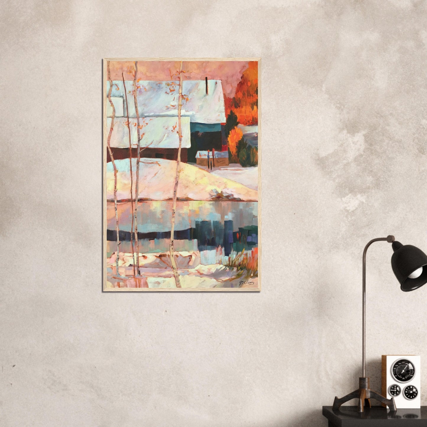 ‘Early Snow’ Winter Landscape | 24x36 Wooden Framed Art Print | Original Artwork by American Artist Barbara Cleary