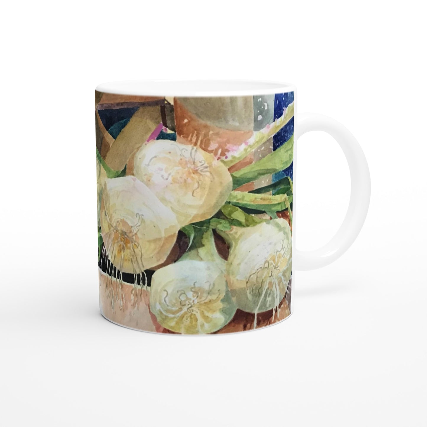 11oz White Ceramic Mug | Coffee Cup with 'Onions' Watercolor Artwork by American Artist Barbara Cleary