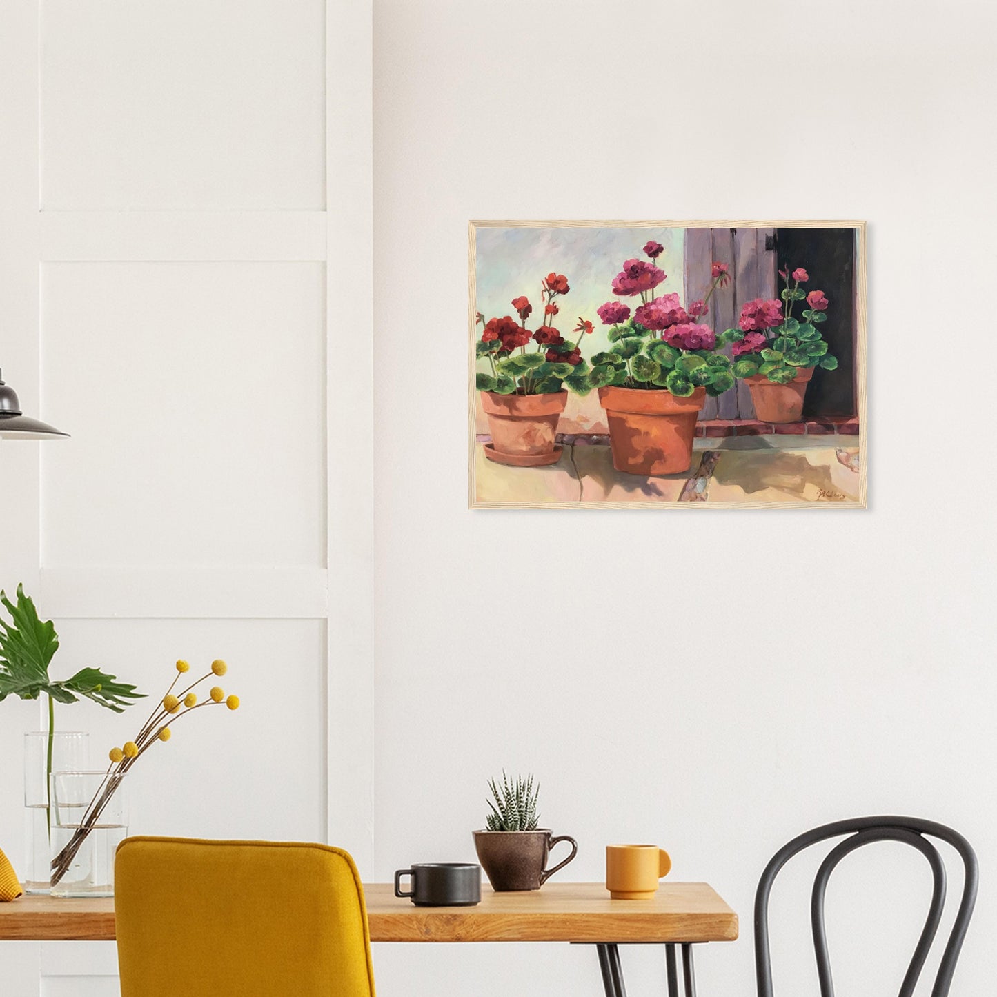 'Potted Red Geraniums Series 2'Red and Pink Floral | 20x28 inch Wooden Framed Art Print | Original Artwork by American Artist Barbara Cleary