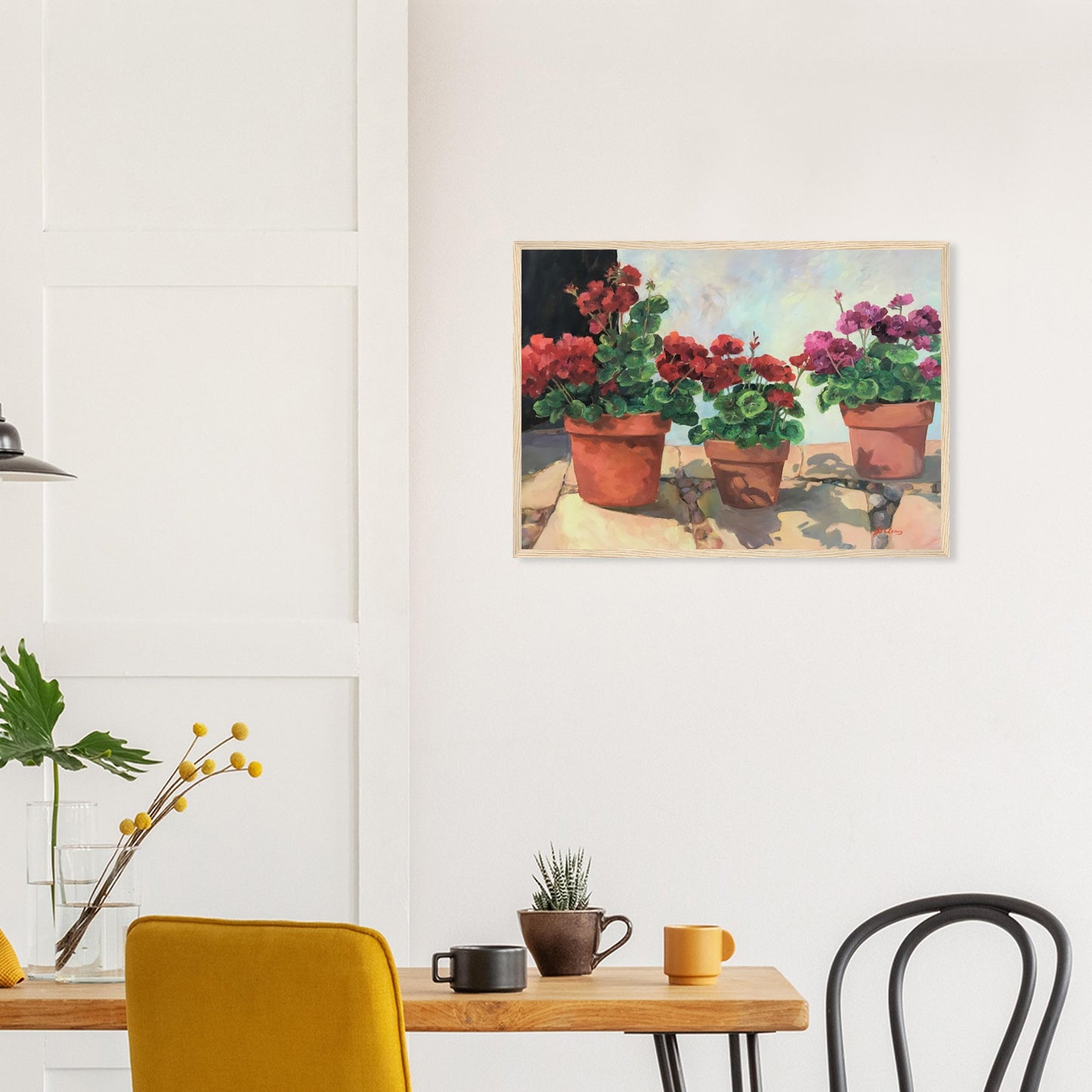 'Potted Red Geraniums Series 1' Red and Pink Floral | 20x28 inch Wooden Framed Art Print | Original Artwork by American Artist Barbara Cleary