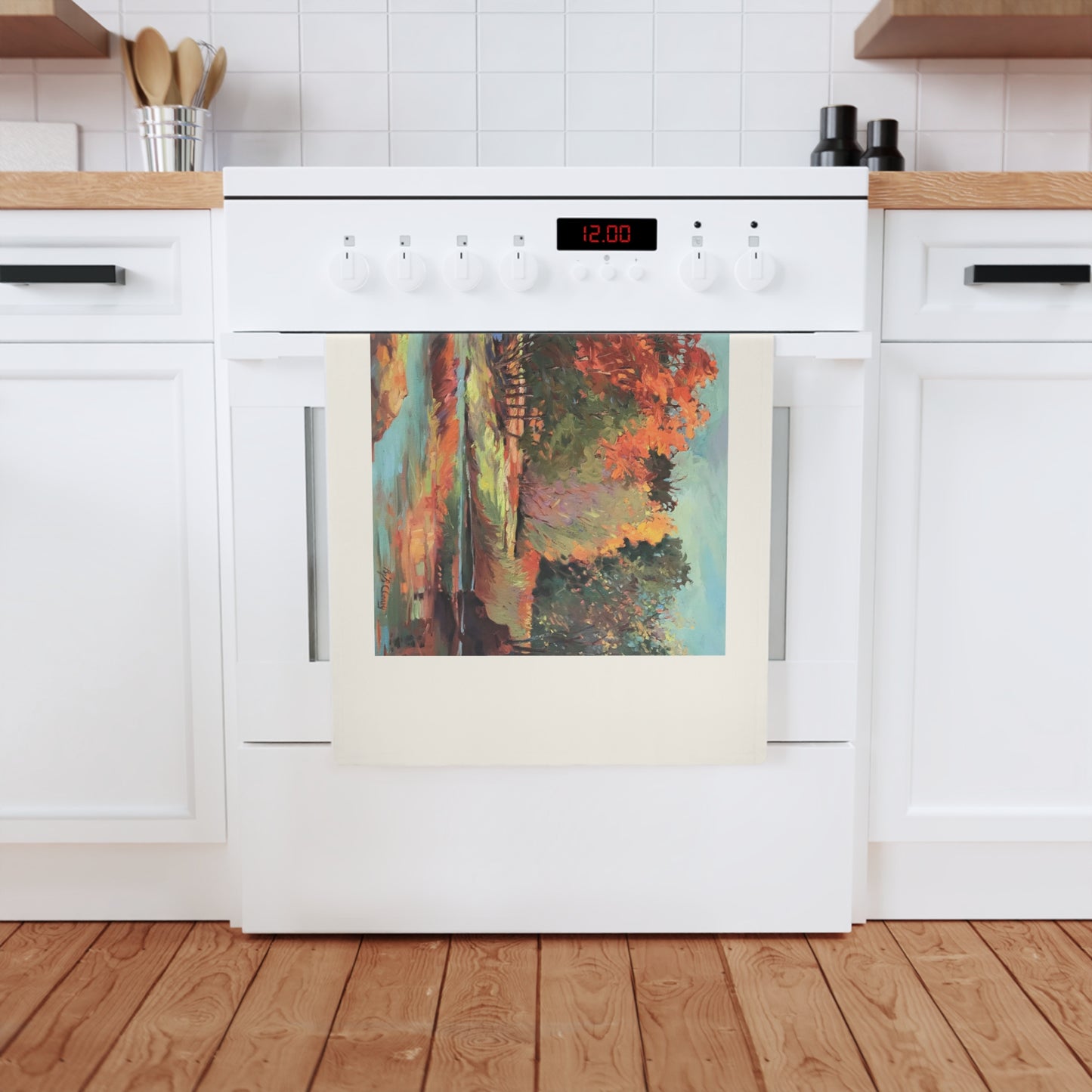 'Along the Illinois' Landscape Organic Cotton Tea Towel I Original Artwork by American Artist Barbara Cleary (Fall Collection)