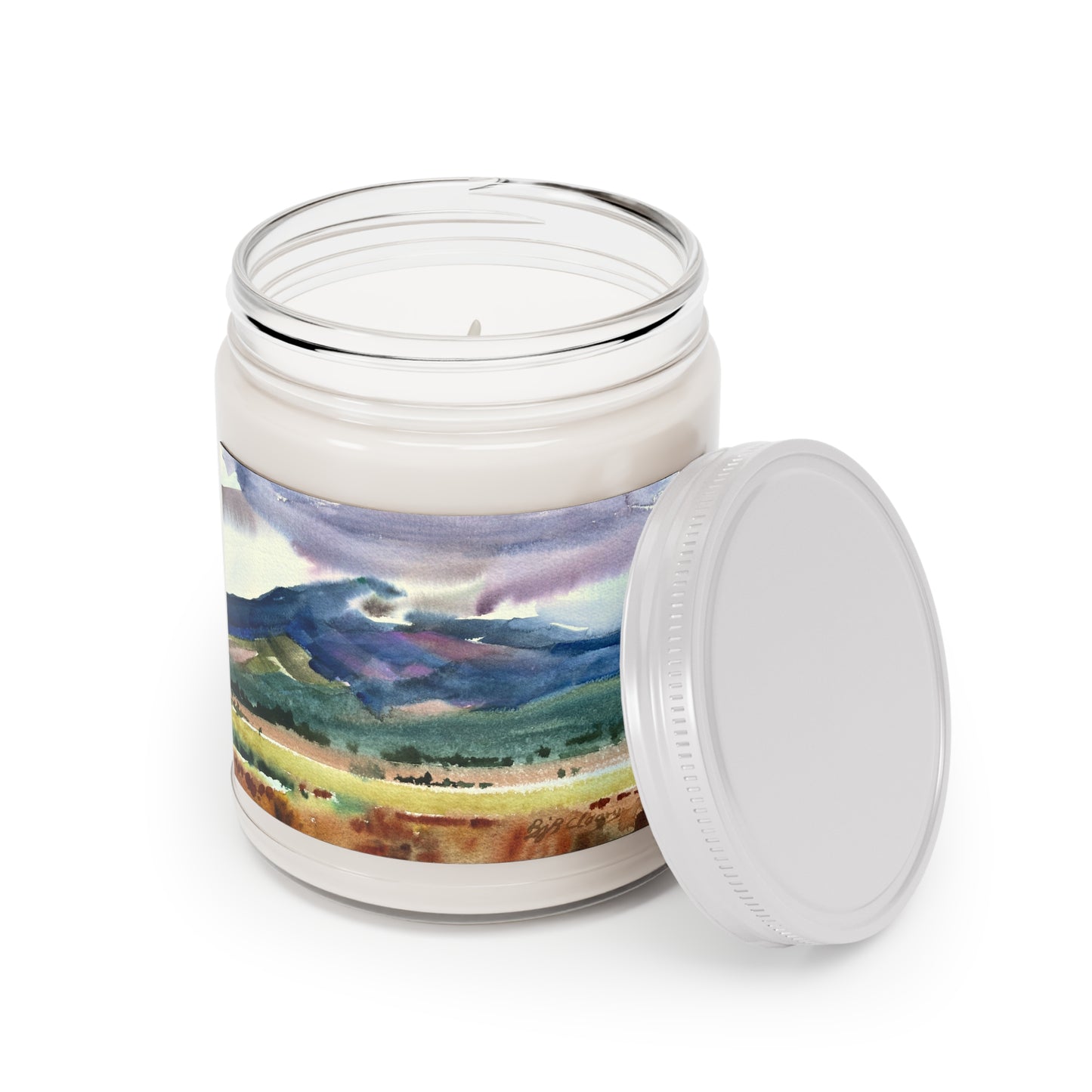9oz Eco-Friendly Scented or Unscented Soy Wax Candle Jar with 'Tranquil Mountain View 2' Artwork by American Artist Barbara Cleary