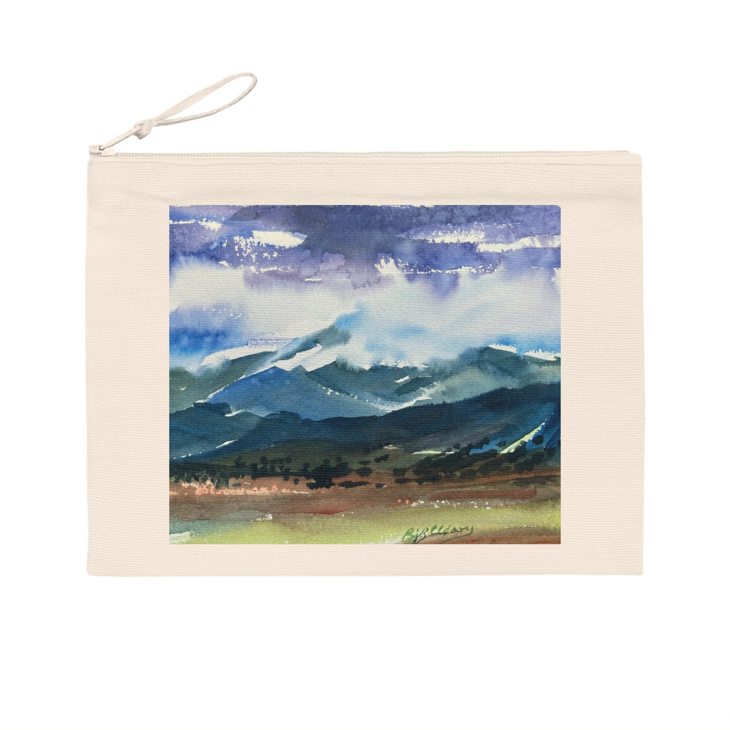 Eco-Friendly Pouch with 'Tranquil Mountain View 3' I Original Artwork by American Artist Barbara Cleary