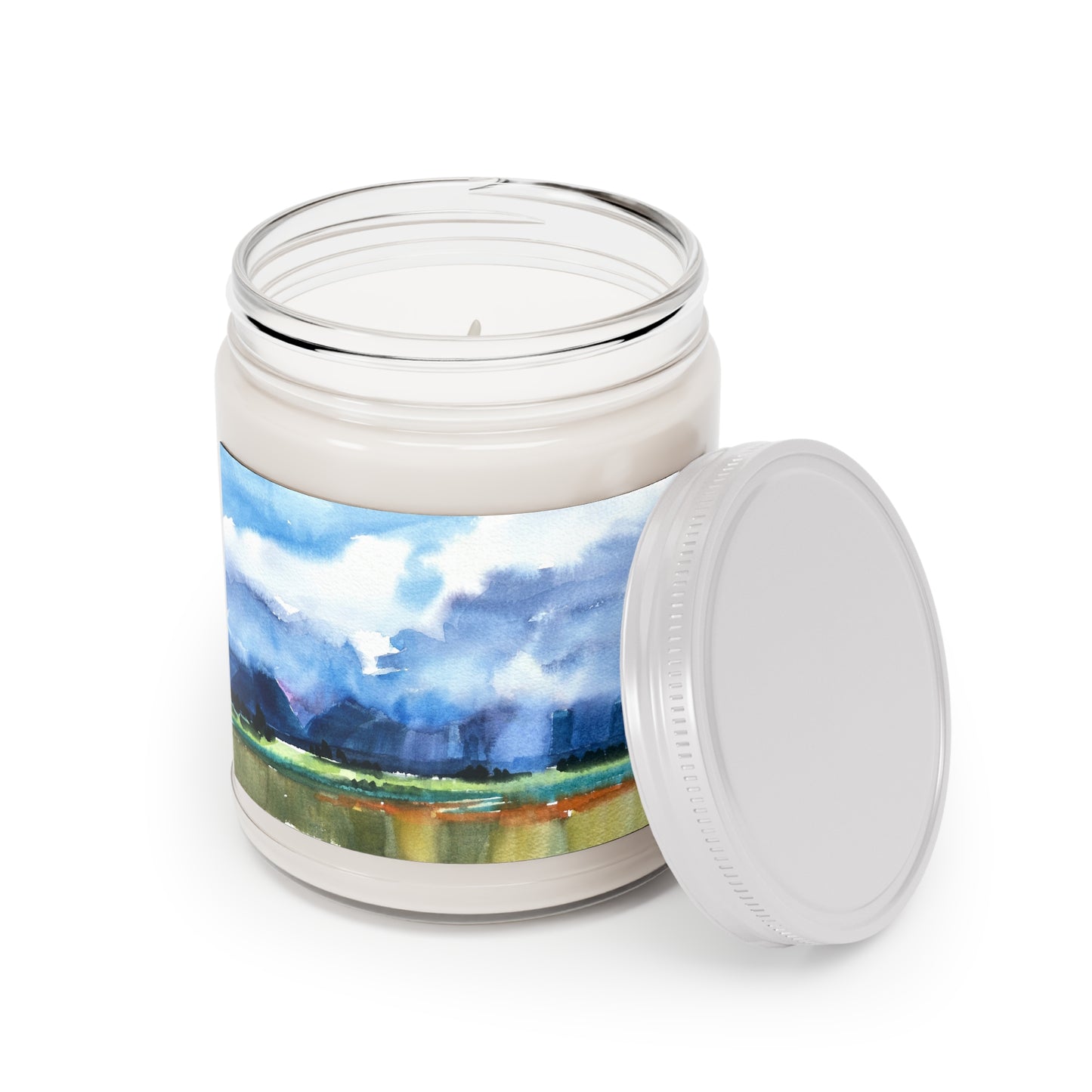 9oz Eco-Friendly Scented or Unscented Soy Wax Candle Jar with 'Tranquil Mountain View 4' Artwork by American Artist Barbara Cleary
