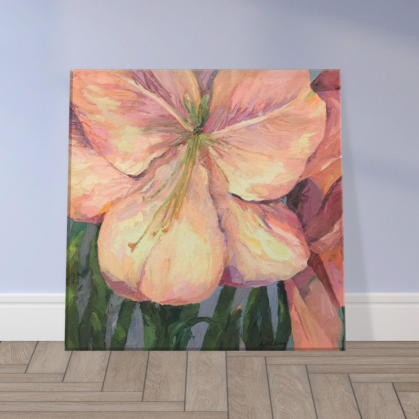 'Pink Amaryllis ' Floral I 12x12 inch Art Print on Canvas I Original Artwork by American Artist Barbara Cleary