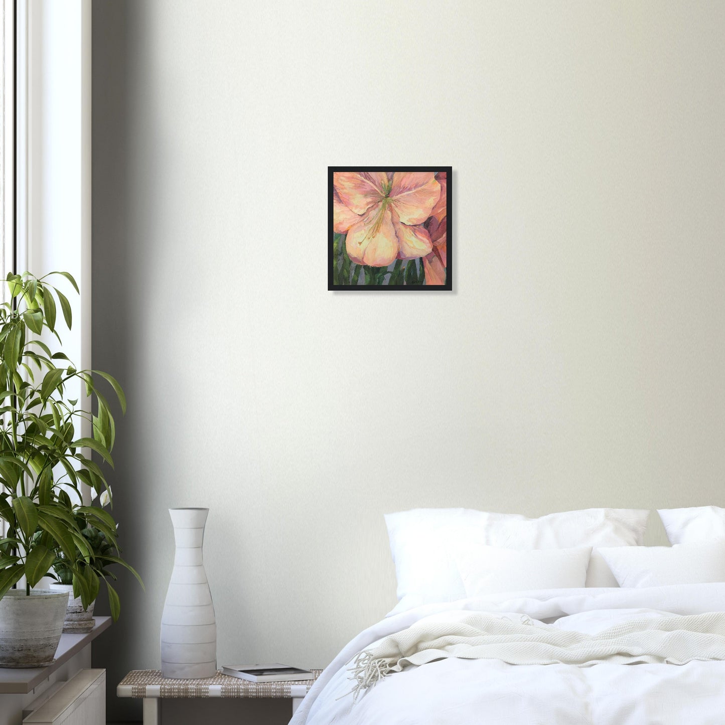 'Pink Amaryllis' Floral | 12x12 inch Wooden Framed Art Print | Original Artwork by American Artist Barbara Cleary