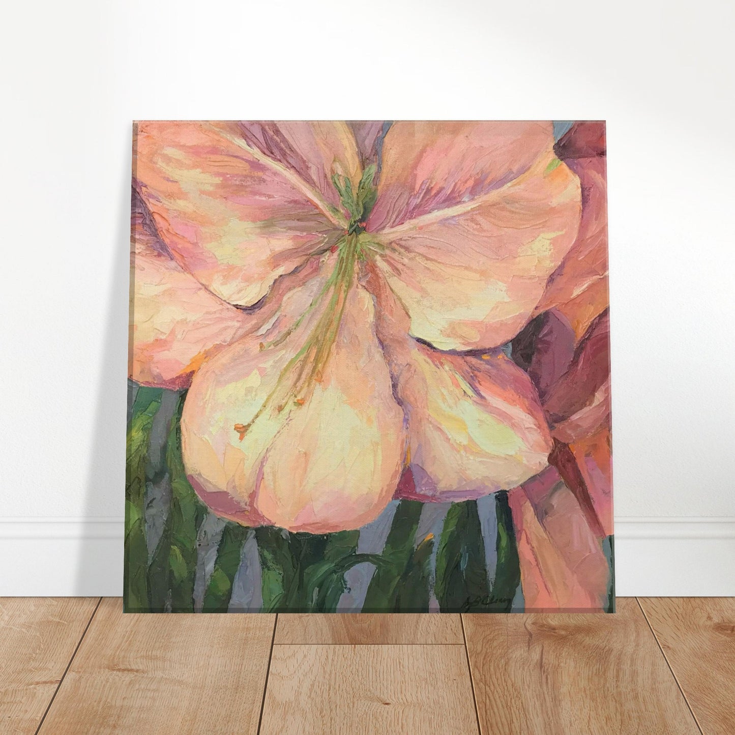 'Pink Amaryllis ' Floral I 12x12 inch Art Print on Canvas I Original Artwork by American Artist Barbara Cleary