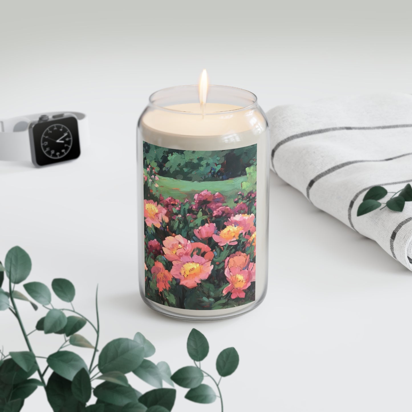 13.75oz Eco-Friendly Scented or Unscented Soy Wax Candle Jar with 'Pink Princess' Floral Artwork by American Artist Barbara Cleary