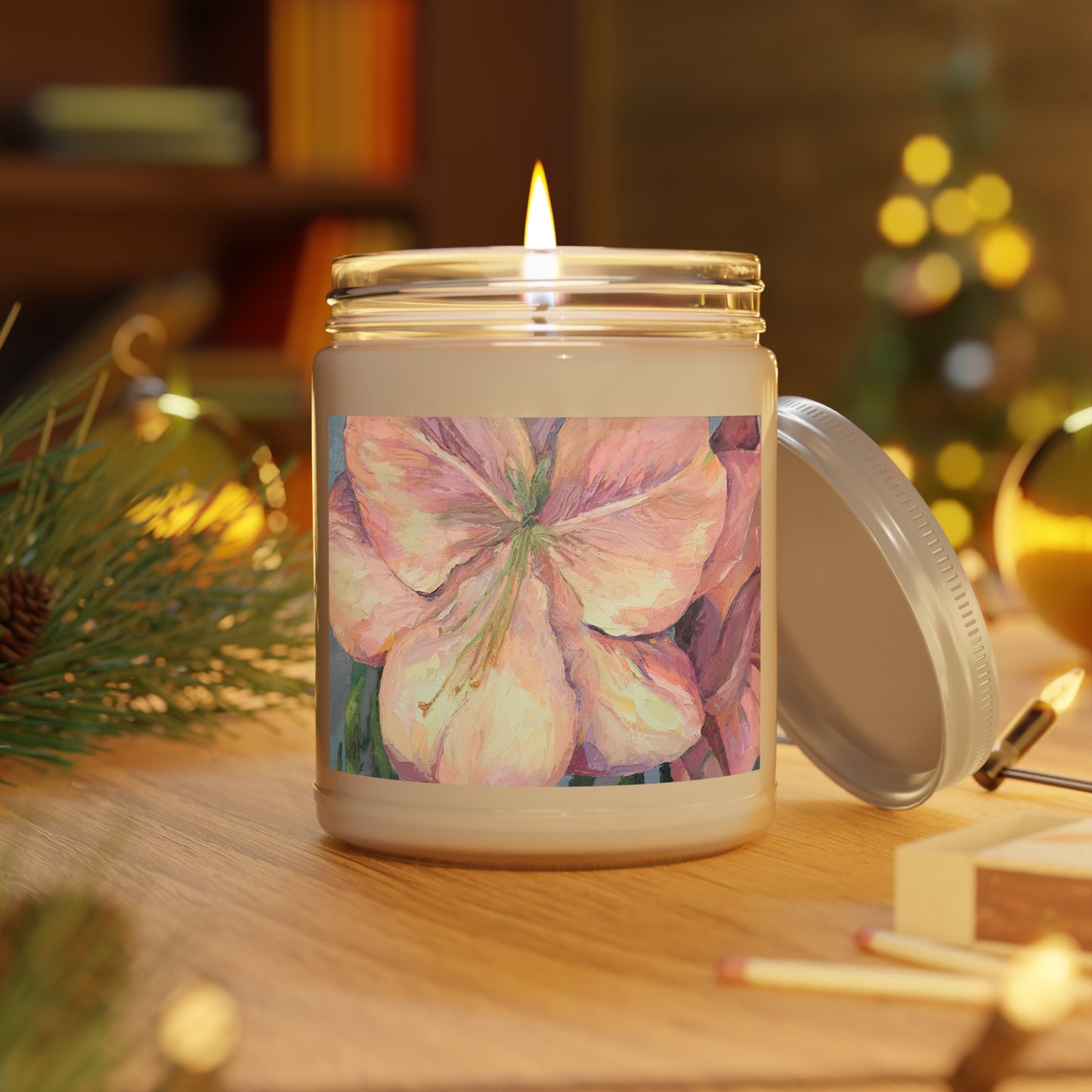 9oz Eco-Friendly Scented or Unscented Soy Wax Candle Jar with 'Amaryllis' Artwork by American Artist Barbara Cleary