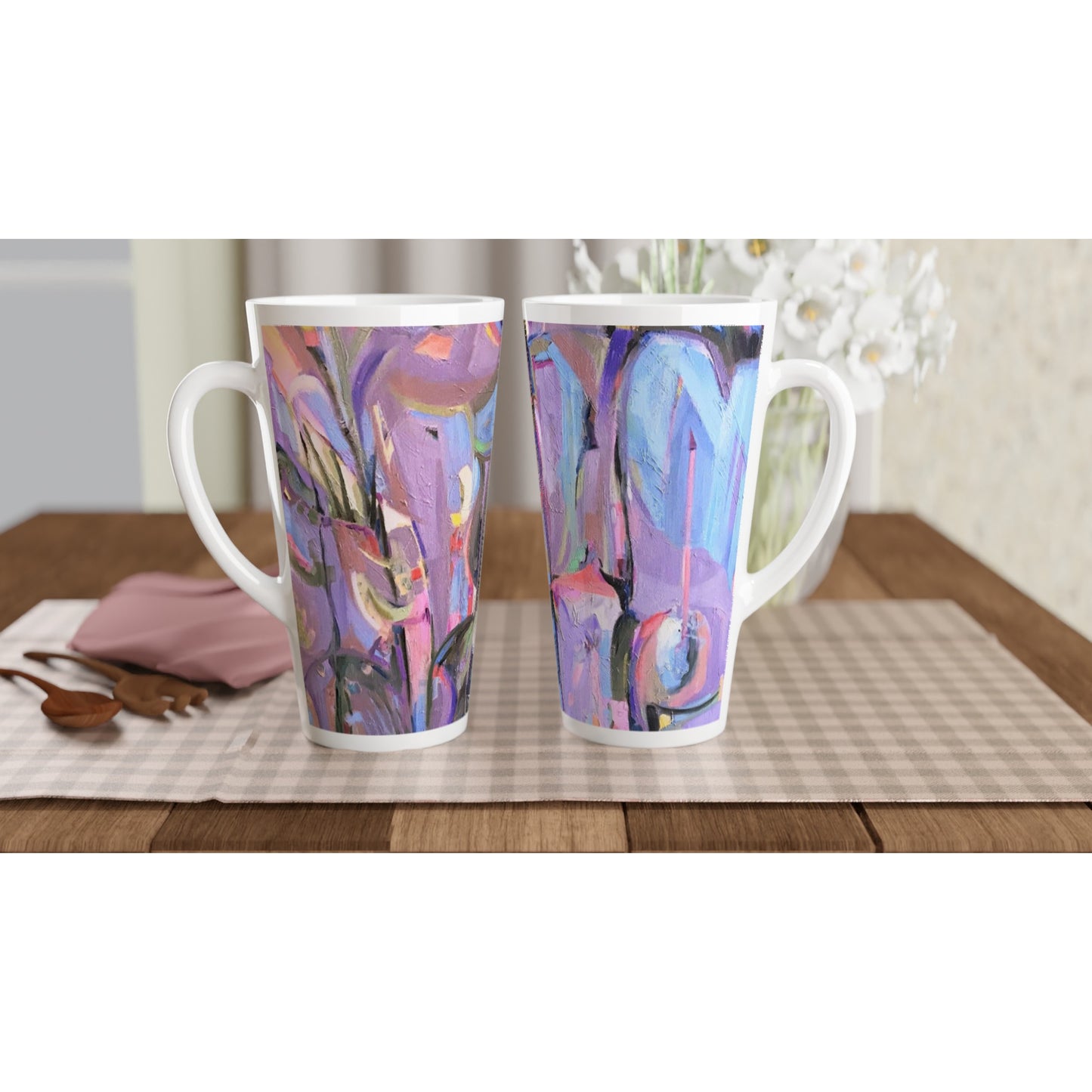 17oz White Ceramic Latte Mug | Coffee Cup with 'Passages' Abstract Artwork by American Artist Barbara Cleary