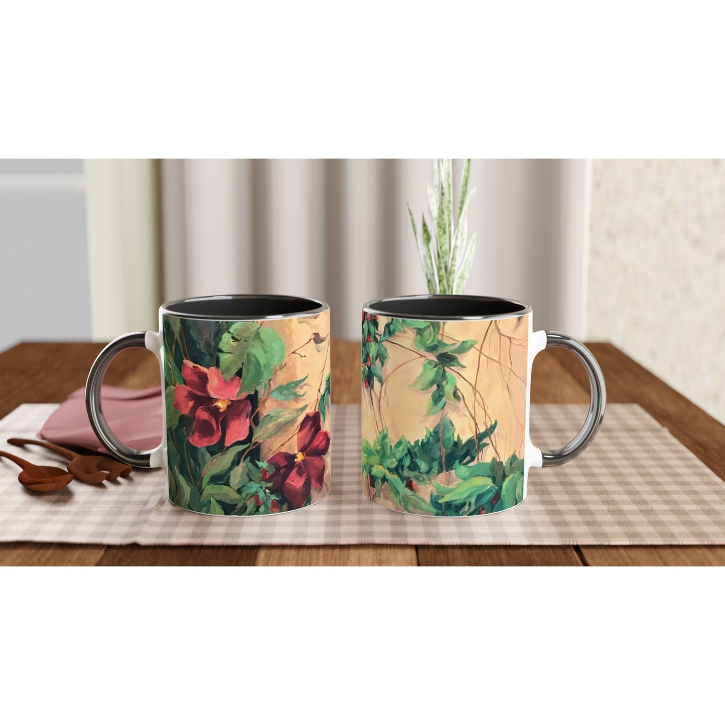 "Climatis" White 11oz Ceramic Mug with Black Inside by Barbara Cleary Designs