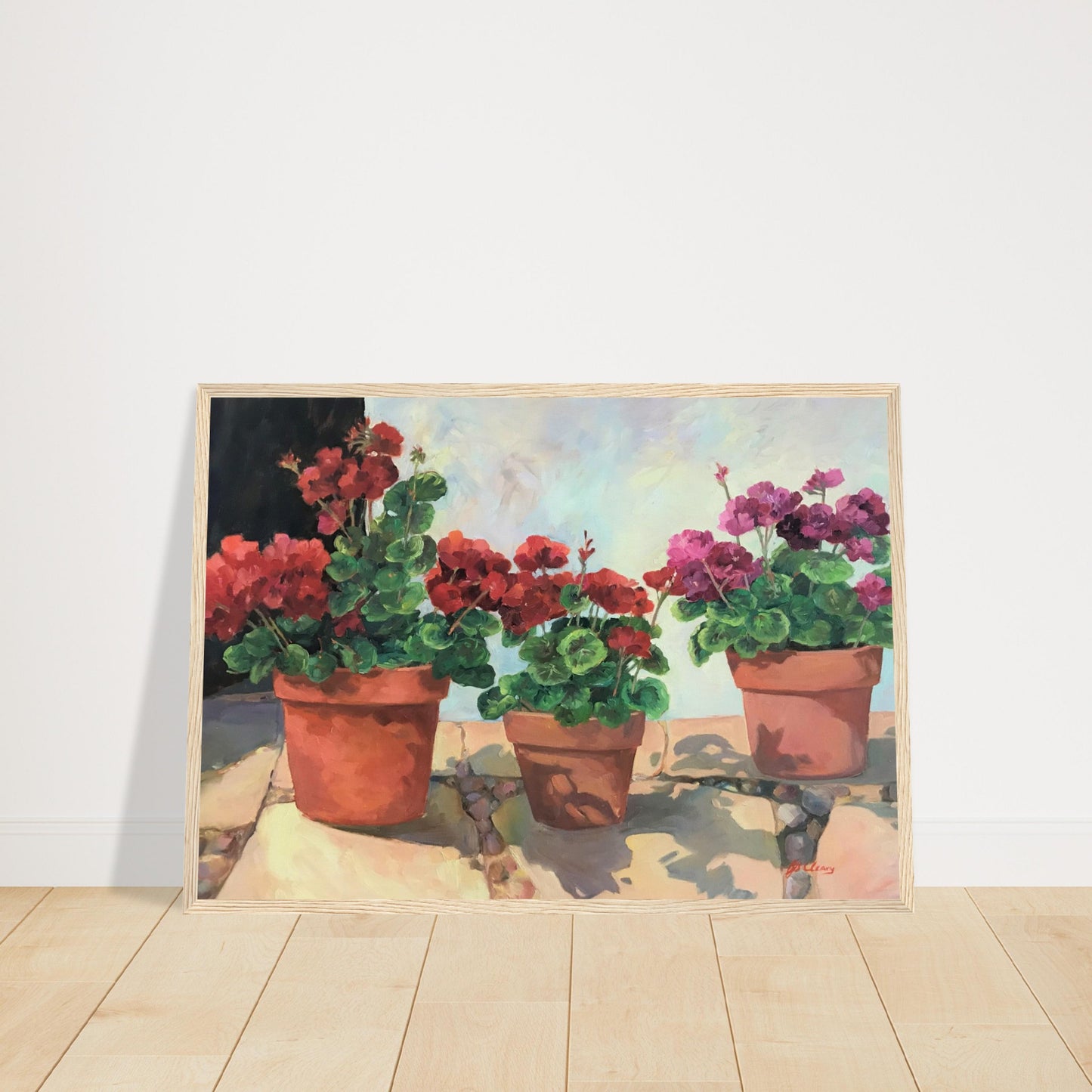 'Potted Red Geraniums Series 1' Red and Pink Floral | 20x28 inch Wooden Framed Art Print | Original Artwork by American Artist Barbara Cleary