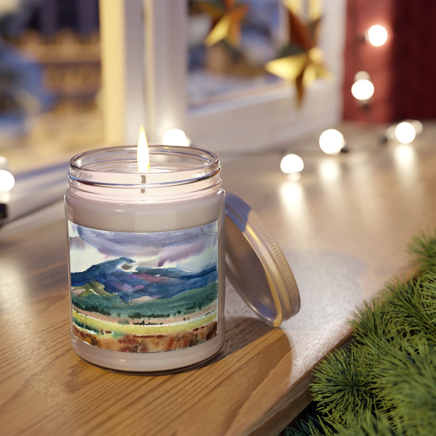 9oz Eco-Friendly Scented or Unscented Soy Wax Candle Jar with 'Tranquil Mountain View 2' Artwork by American Artist Barbara Cleary