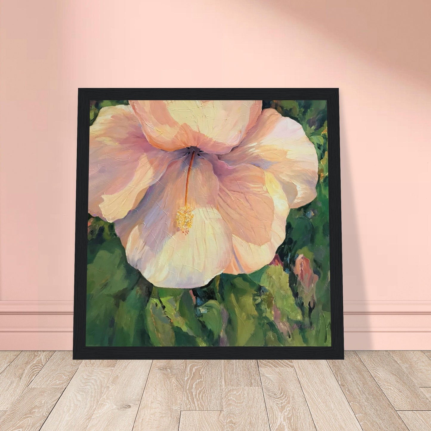 'Pink Hibiscus' Floral | 12x12 inch Wooden Framed Art Print | Original Artwork by American Artist Barbara Cleary