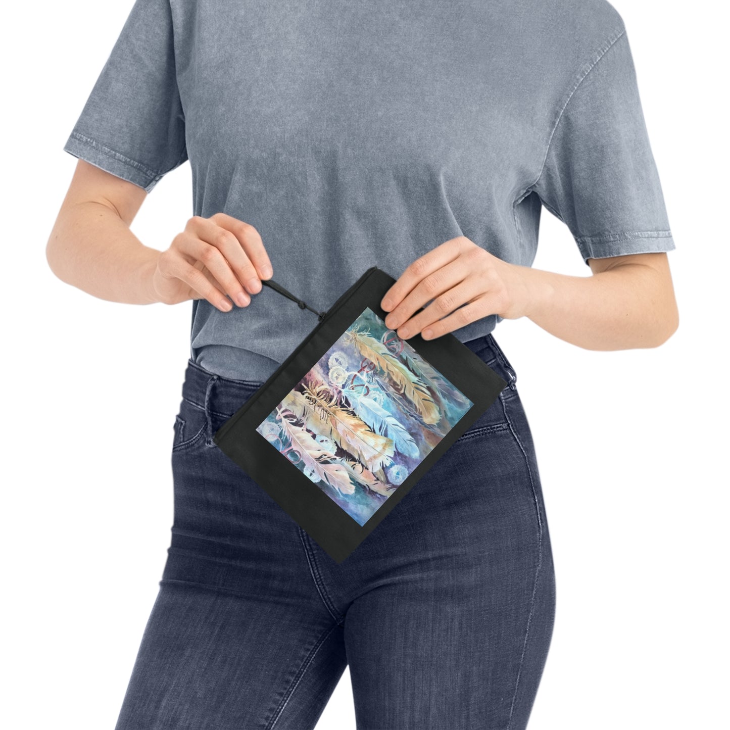 Eco-Friendly Pouch with 'Conchos Feathers' I Original Artwork by American Artist Barbara Cleary
