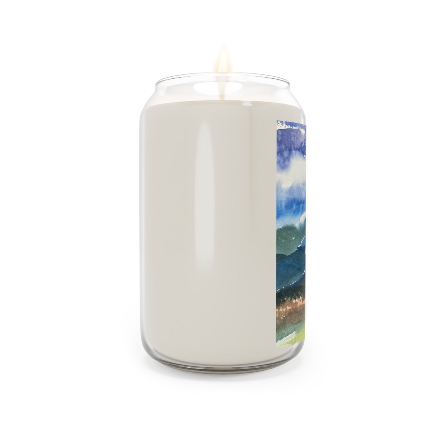 13.75oz Eco-Friendly Scented or Unscented Soy Wax Candle Jar with 'Tranquil Mountain View 3' Landscape Watercolor Artwork by American Artist Barbara Cleary